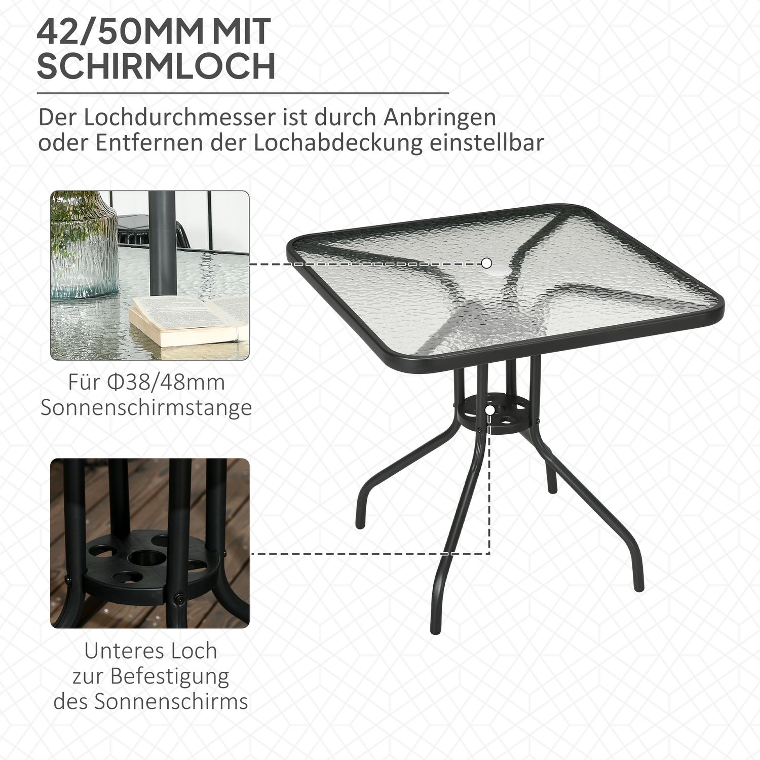Fyrkantigt trädgårdsbord i metall, 76x76 cm, väderbeständigt, svart