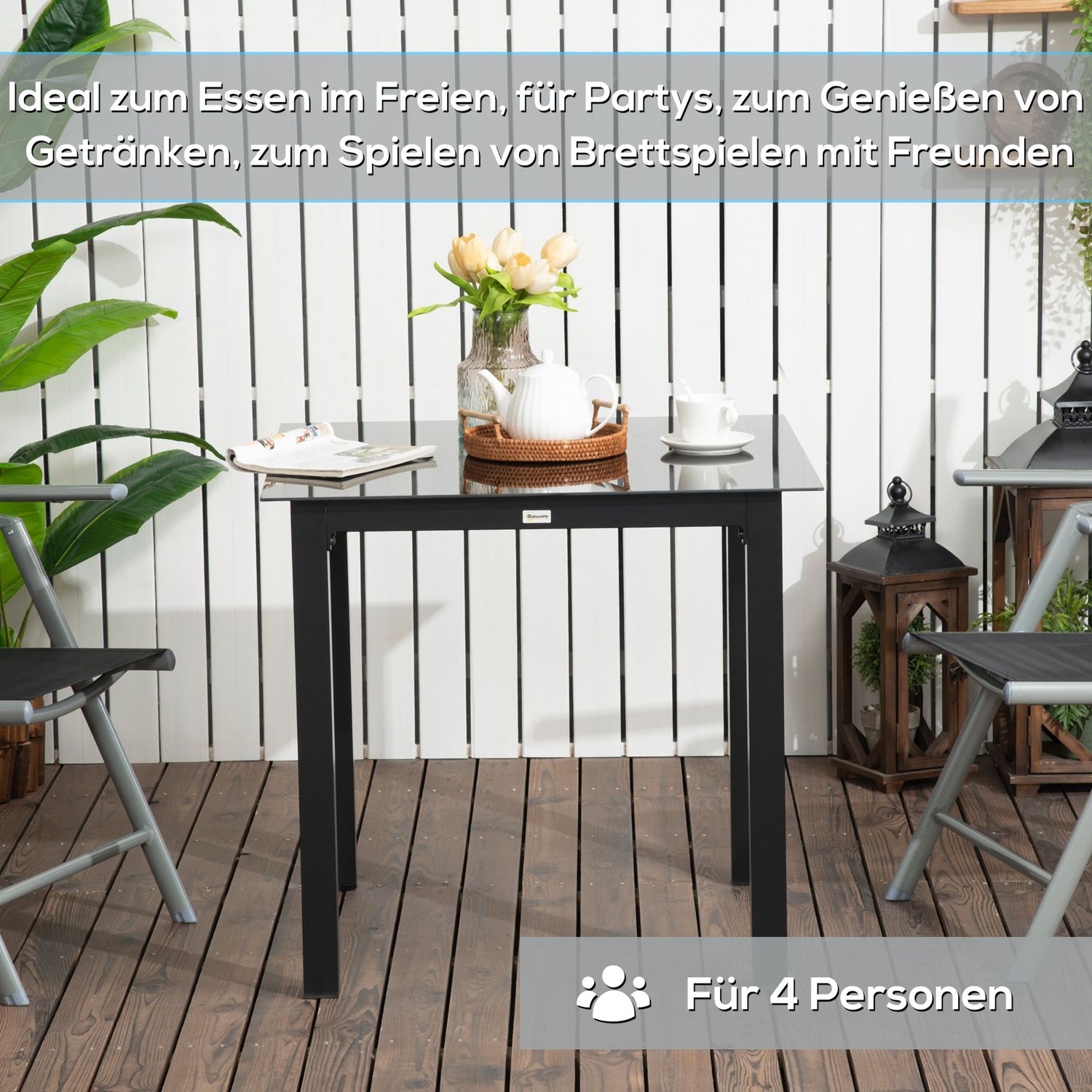 Fyrkantigt uteplatsbord i aluminium, skiva i härdat glas, säten 4