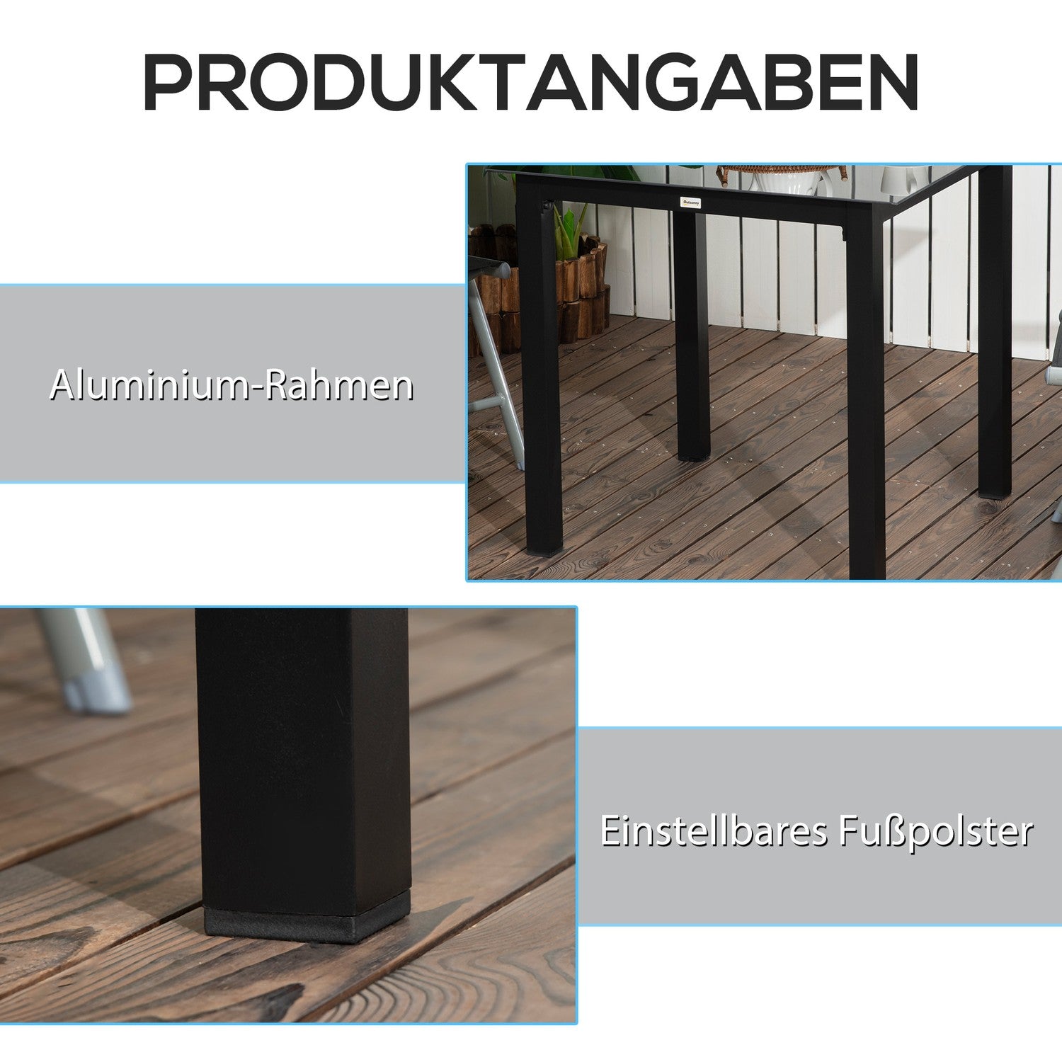 Fyrkantigt uteplatsbord i aluminium, skiva i härdat glas, säten 4