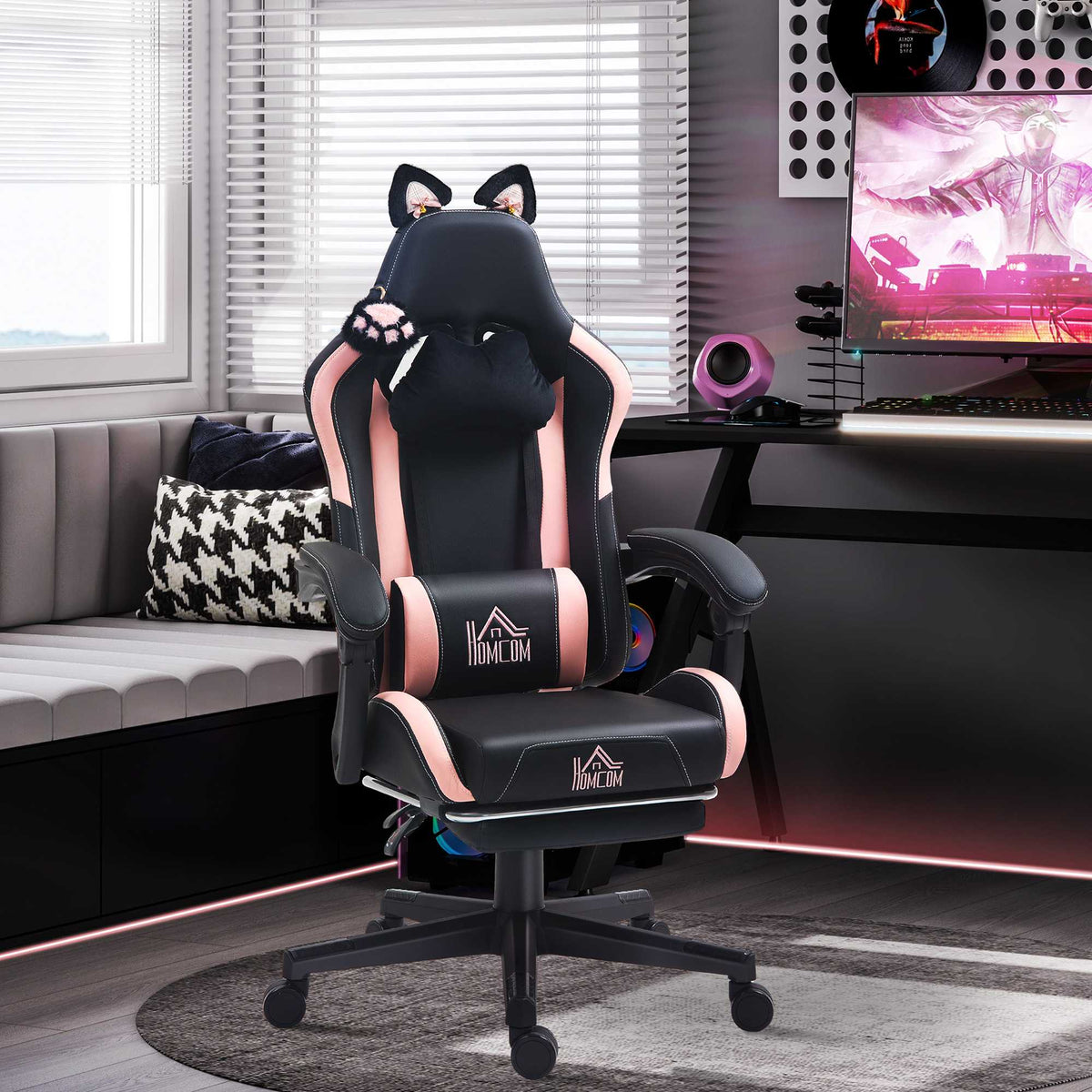 Gamingstol med kattöron, vilfåtölj, fotstöd, rosa/svart