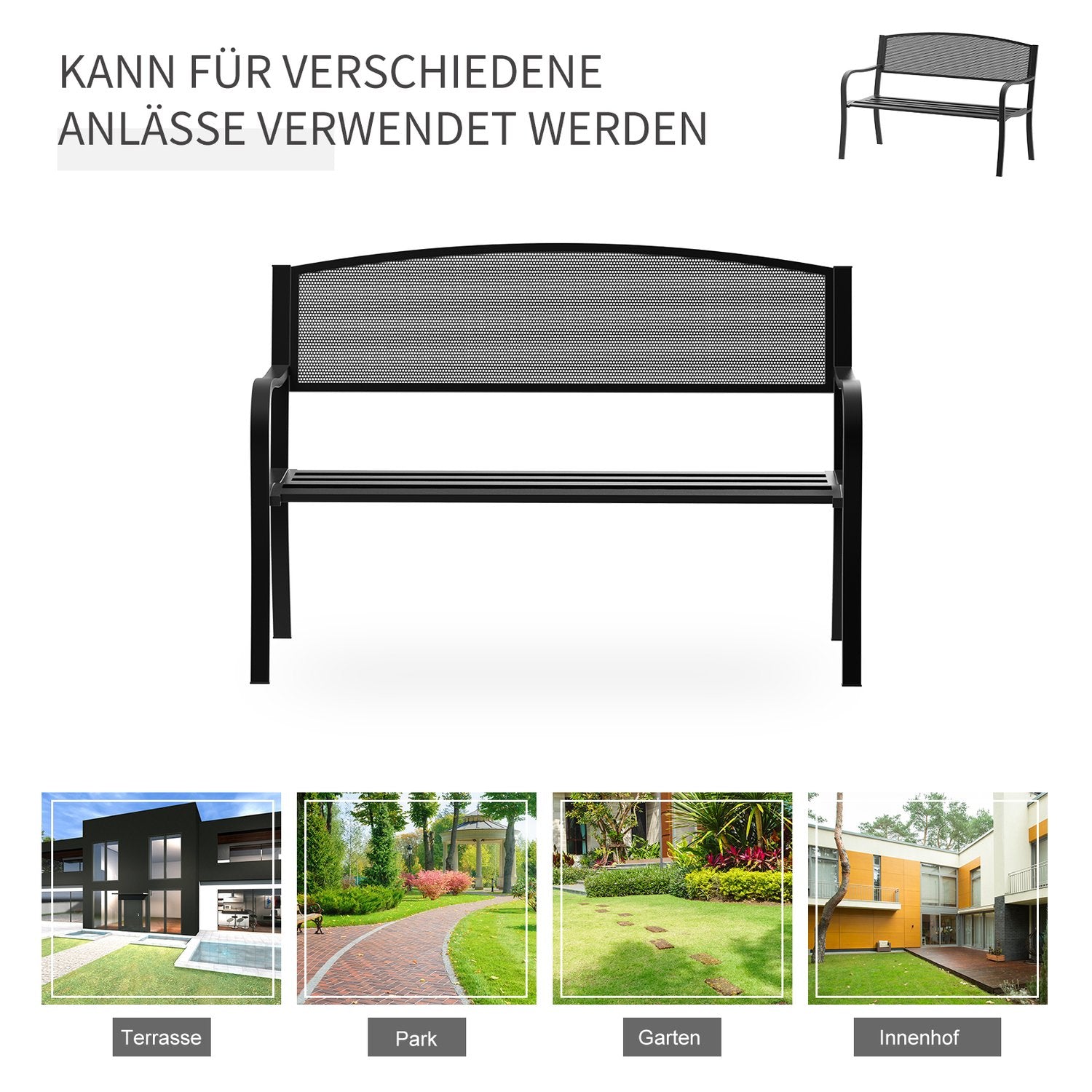 Garden Steel 2-Sits Bänk – Svart, B127 x D60 x H87Cm