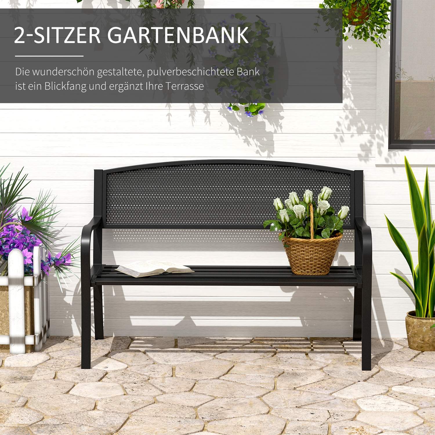 Garden Steel 2-Sits Bänk – Svart, B127 x D60 x H87Cm