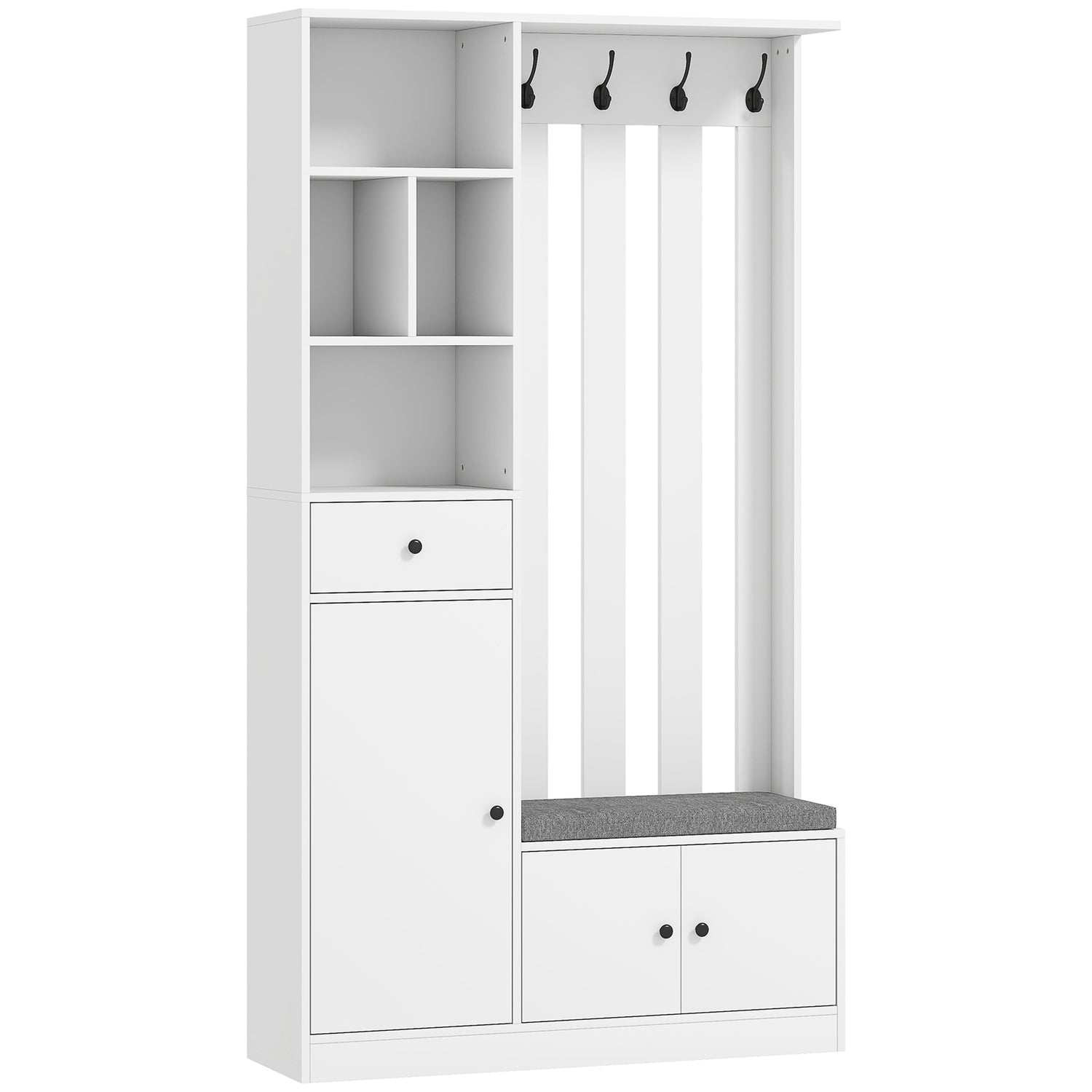 Garderob med klädställning, skobänk, krokar, MDF, vit