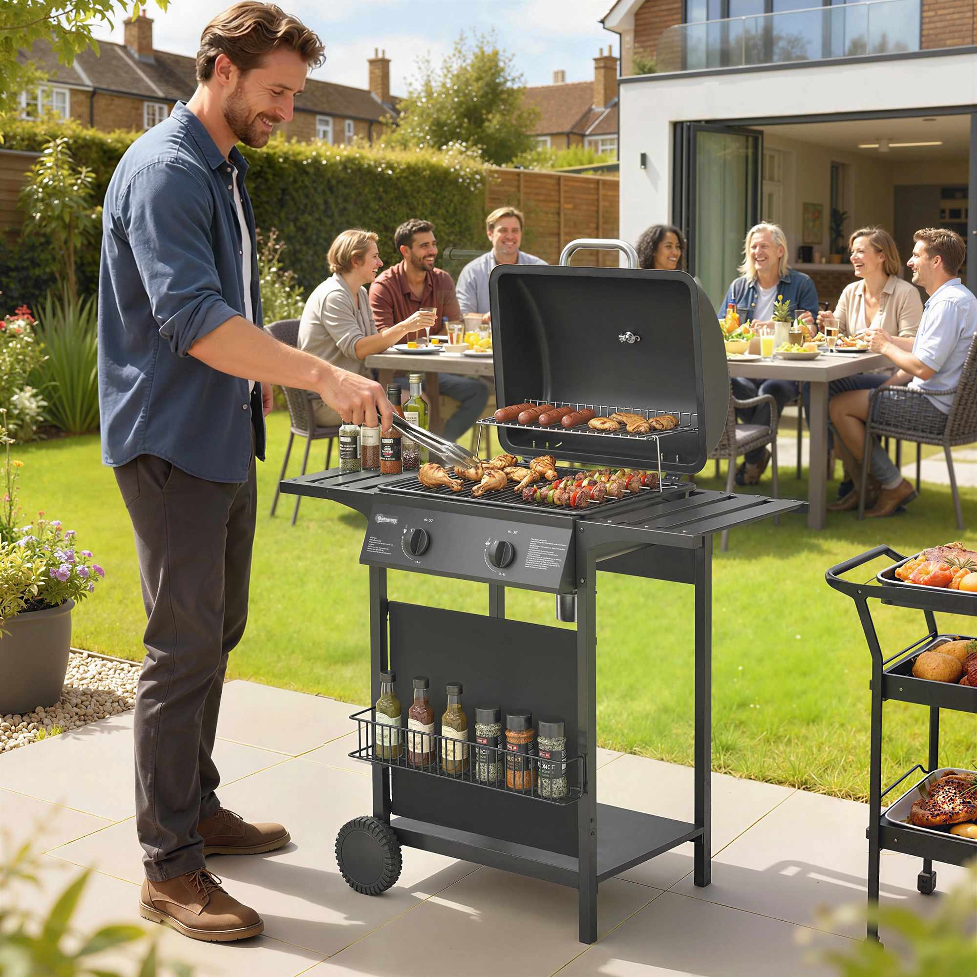 Gasgrill 5kW, 2 brännare, rostfritt stål, sidobord