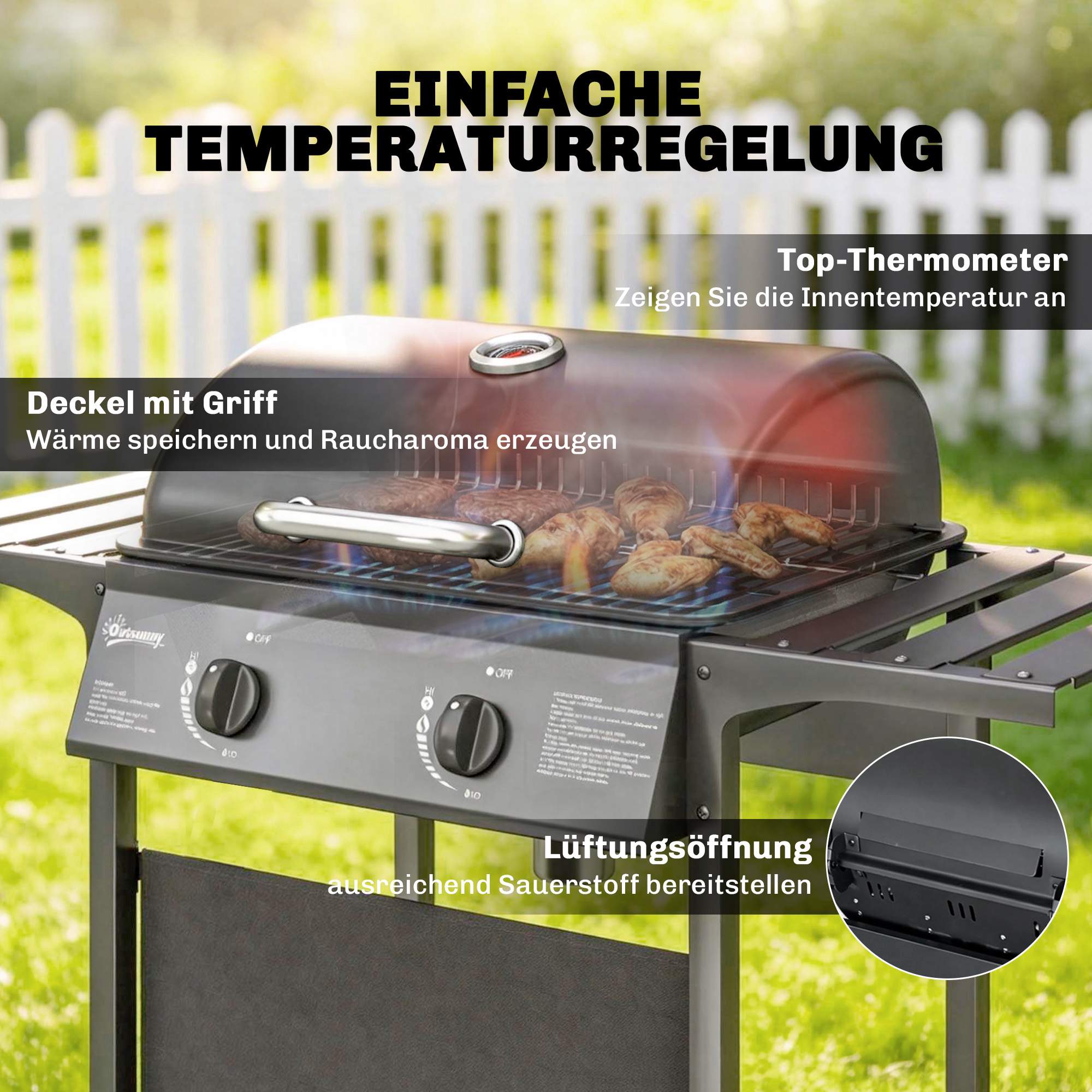 Gasgrill 5kW, 2 brännare, rostfritt stål, sidobord