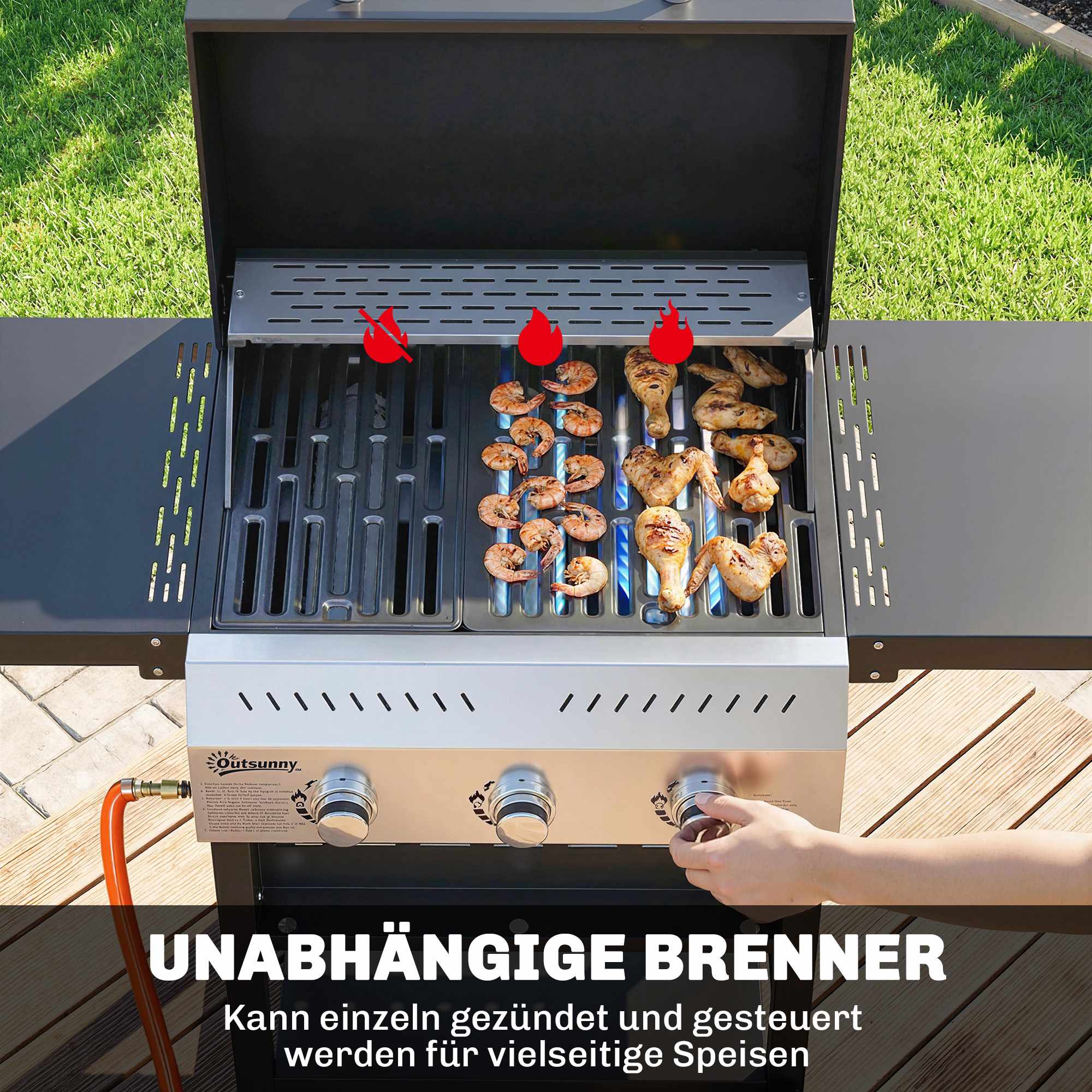 Gasgrill 9kW, 3 brännare, rostfritt stål, fällbara hyllor