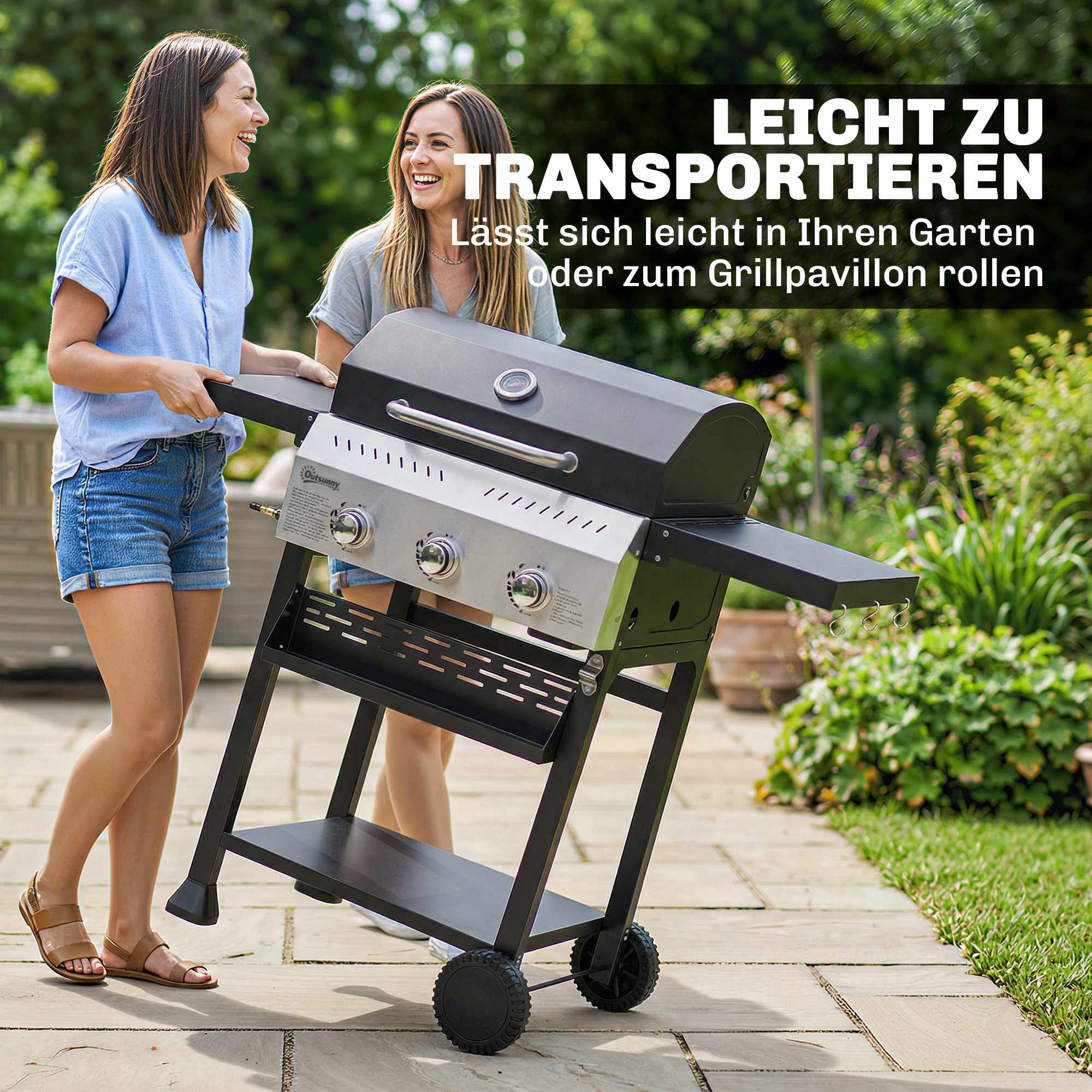 Gasgrill 9kW, 3 brännare, rostfritt stål, fällbara hyllor