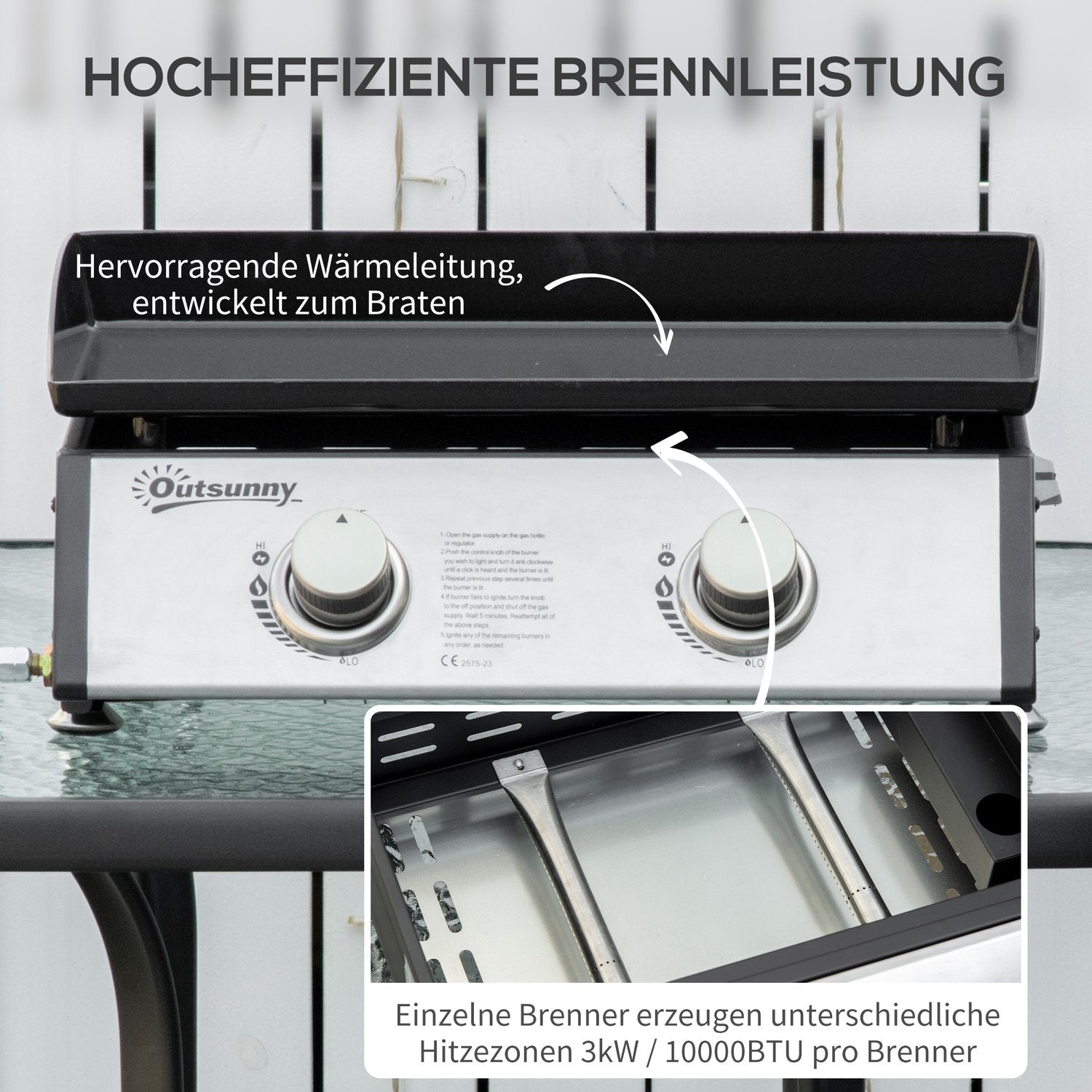 Gasgrill för bord - 2 brännare, rostfritt stål, non-stick