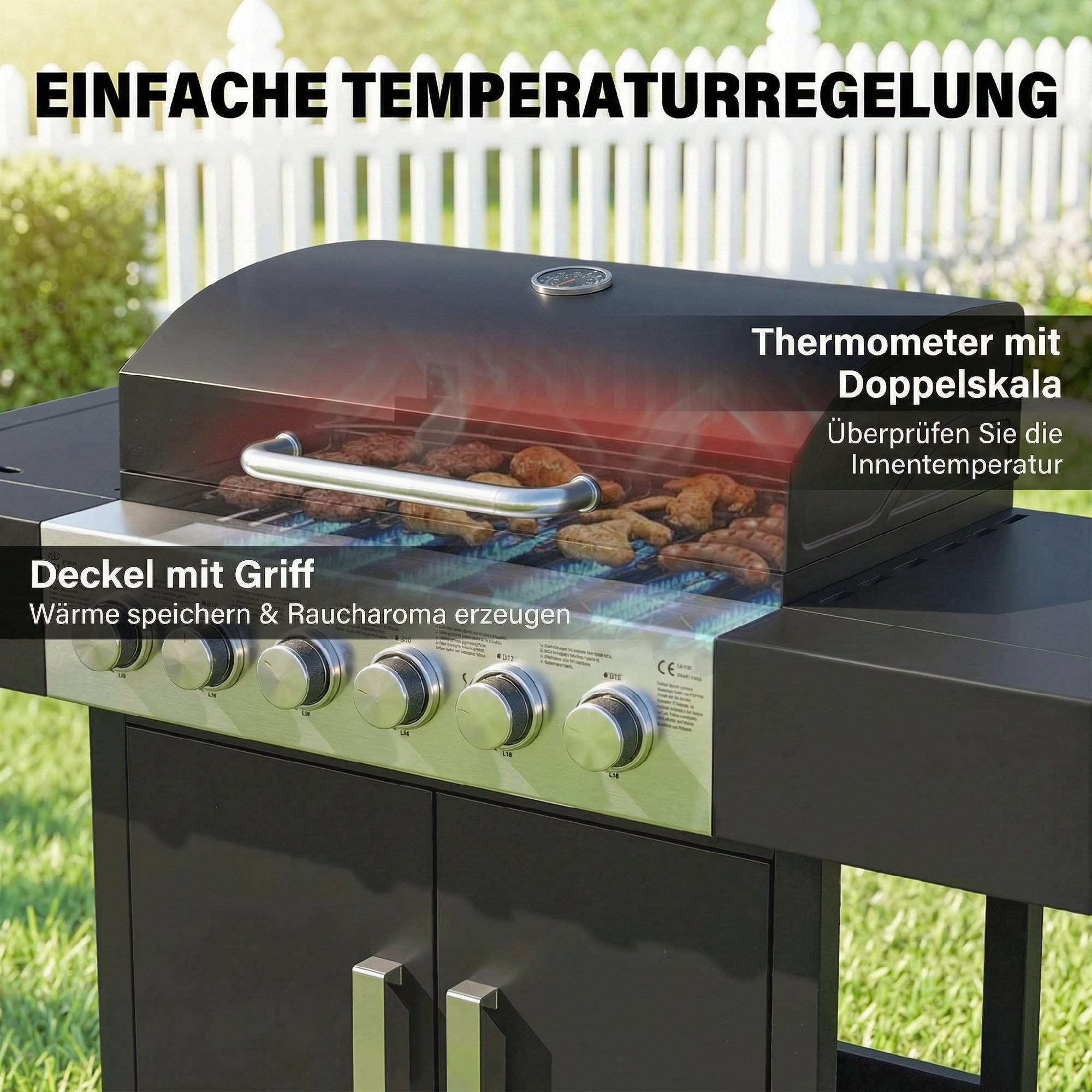 Gasgrill i rostfritt stål med 6 brännare och sidobrännare