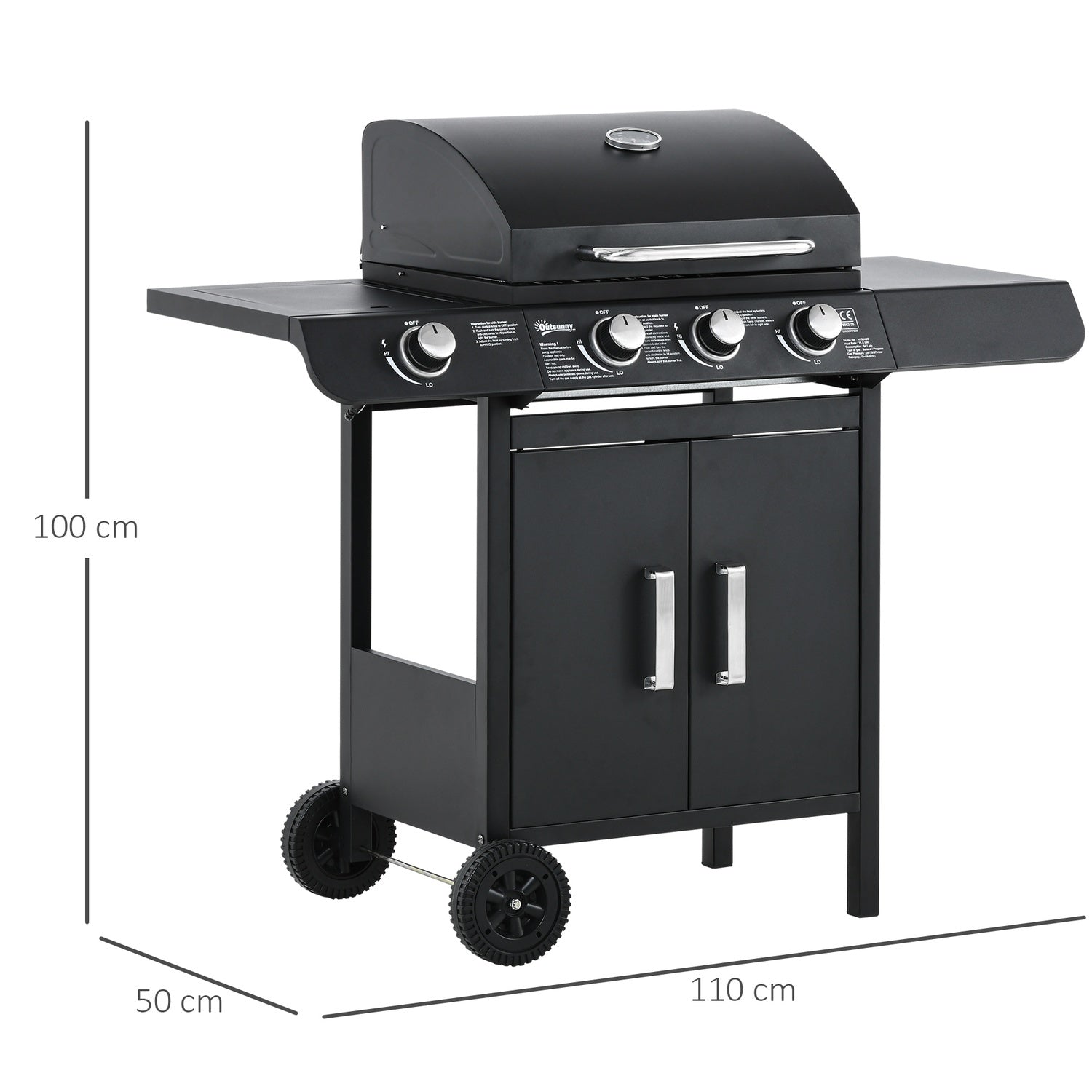 Gasgrill med 3 brännare & 1 sidobrännare, svart stålskåp