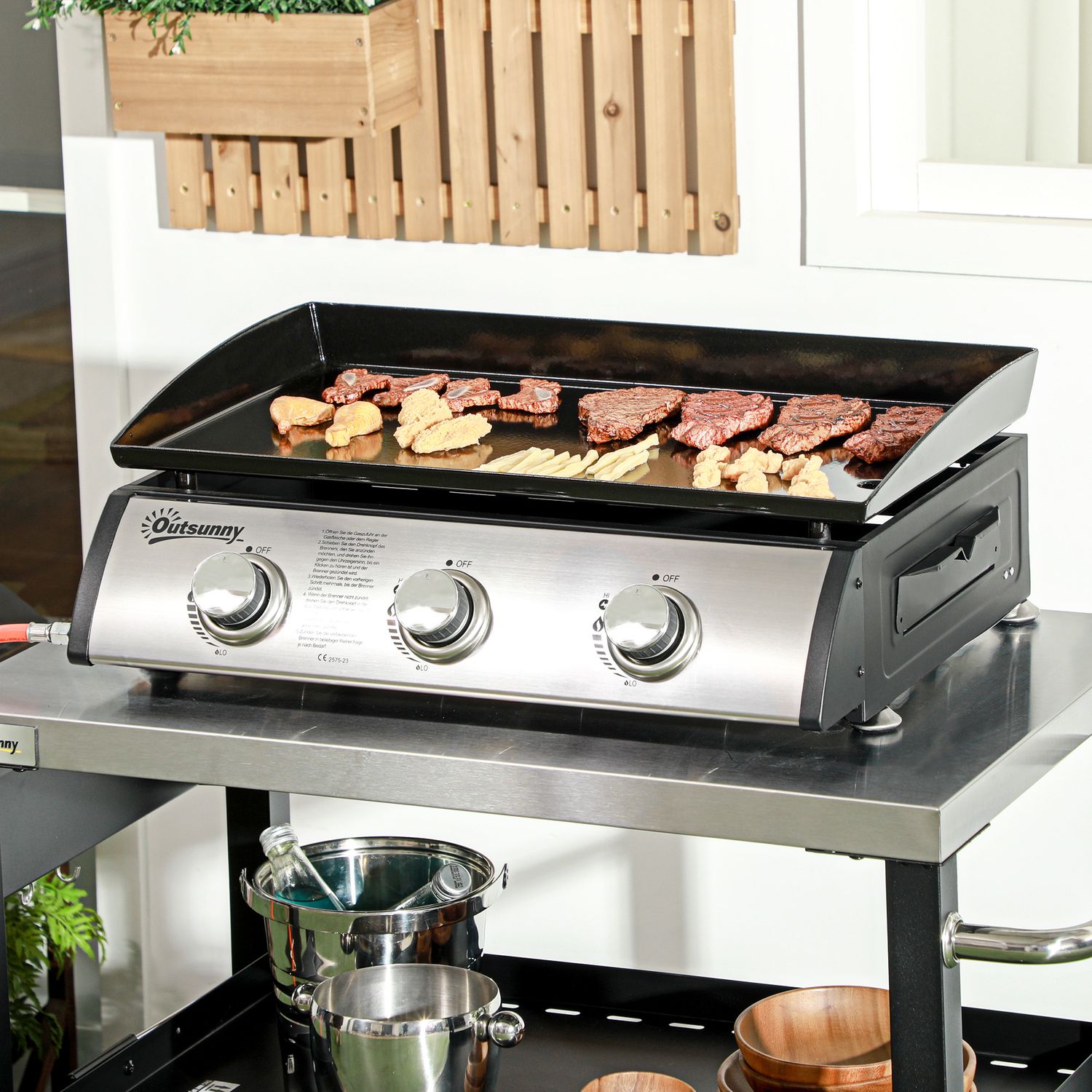 Gasgrill med 3 brännare, rostfritt stål för trädgård