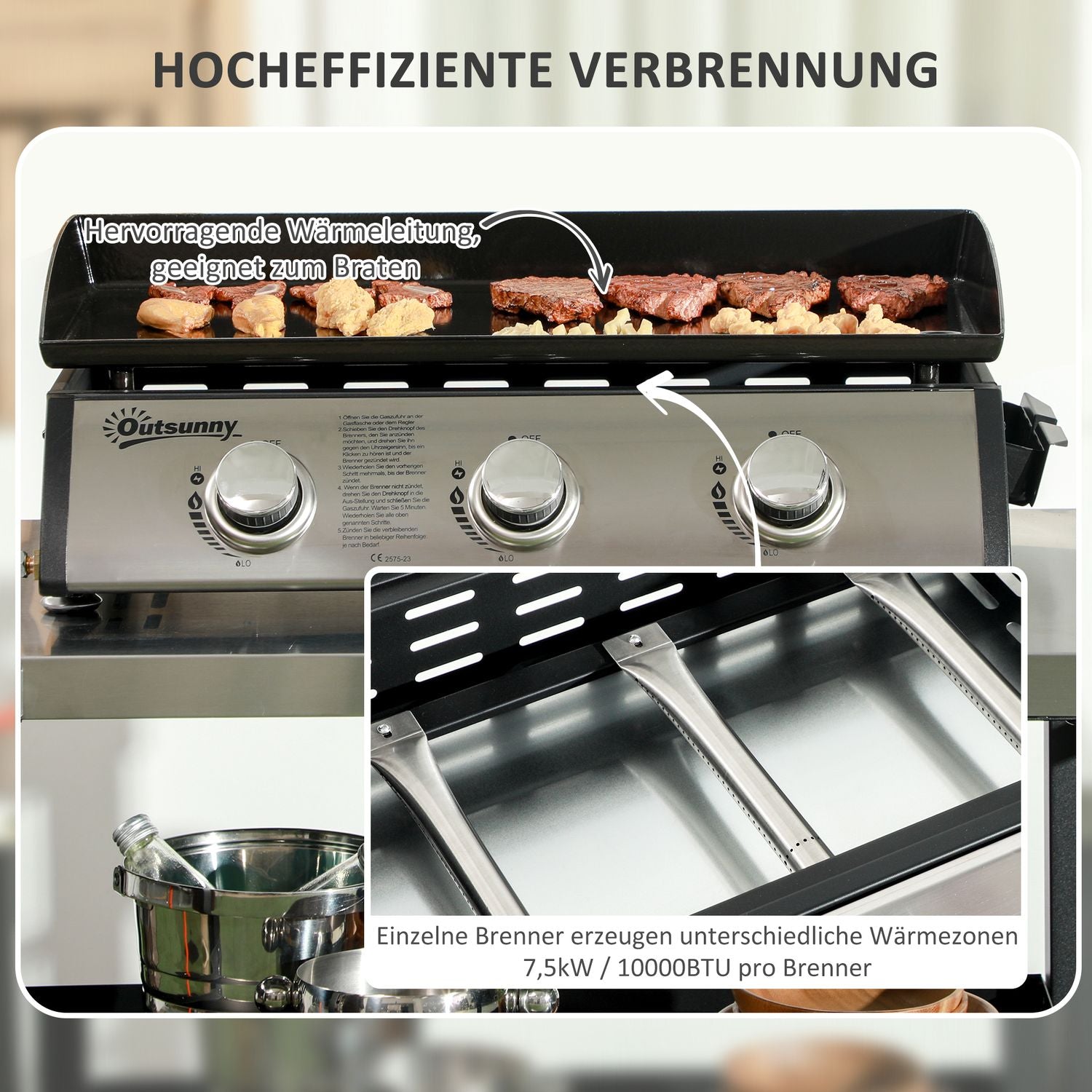 Gasgrill med 3 brännare, rostfritt stål för trädgård