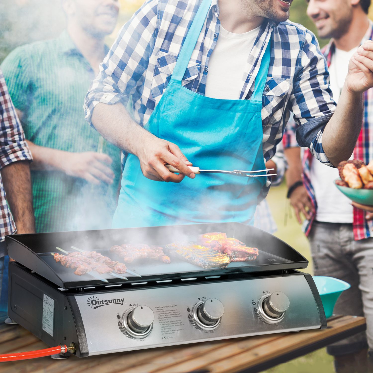 Gasgrill med 3 rostfria brännare, tryckreducerare