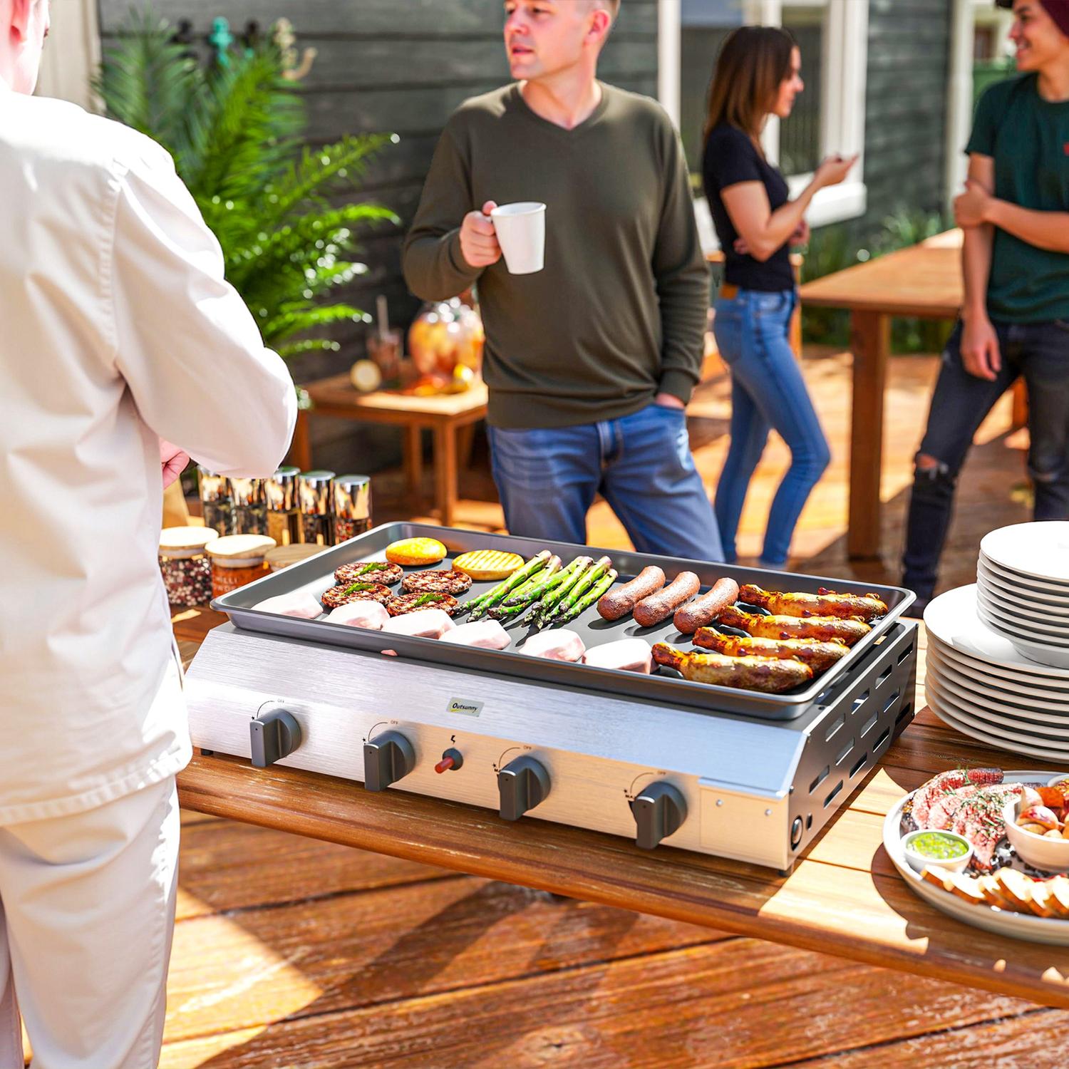 Gasgrill med 4 brännare, justerbara ben och kokplatta