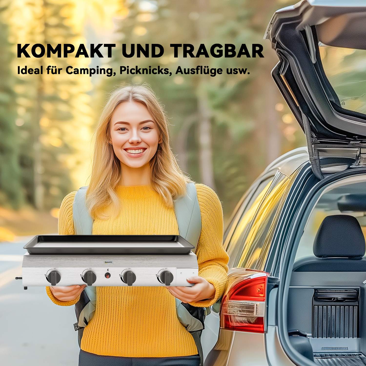 Gasgrill med 4 brännare, justerbara ben och kokplatta