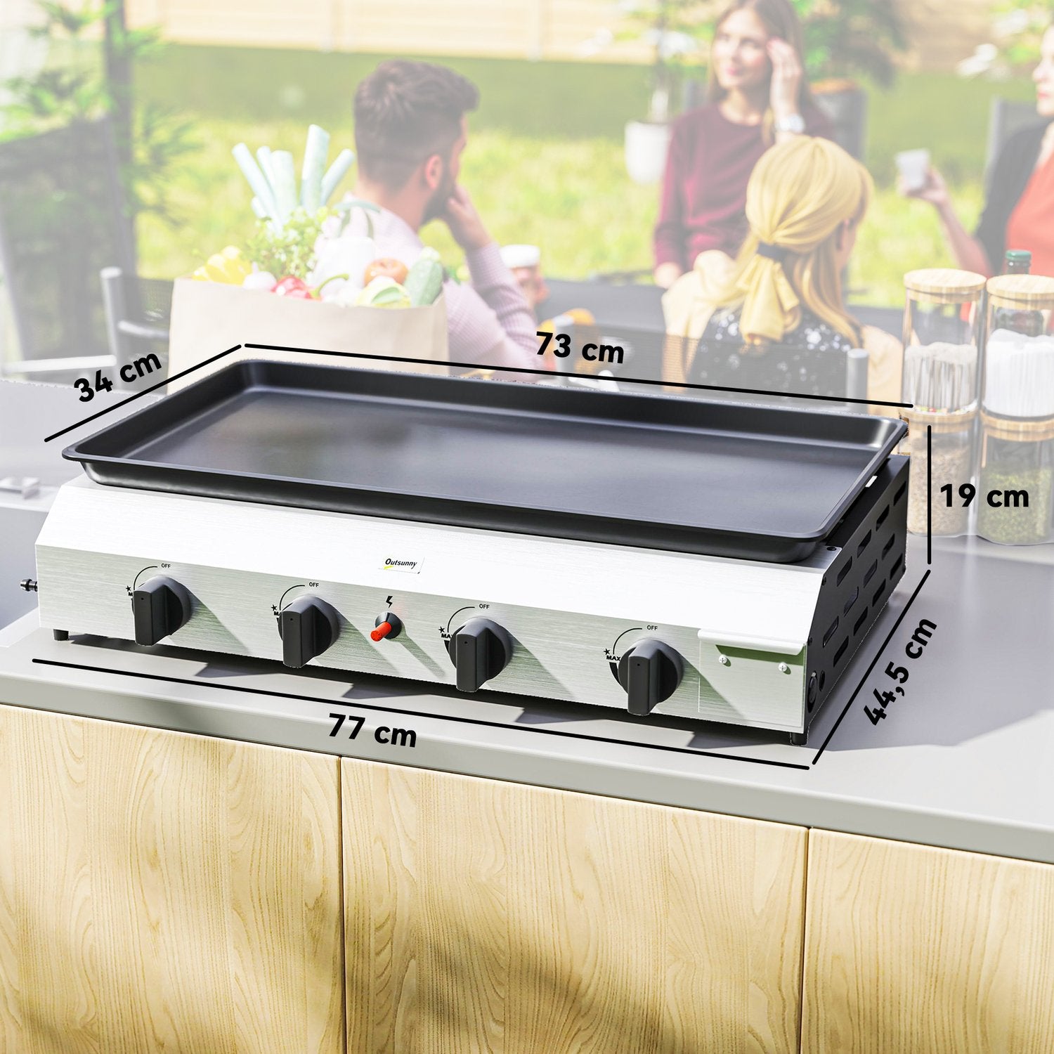 Gasgrill med 4 brännare, justerbara ben och kokplatta