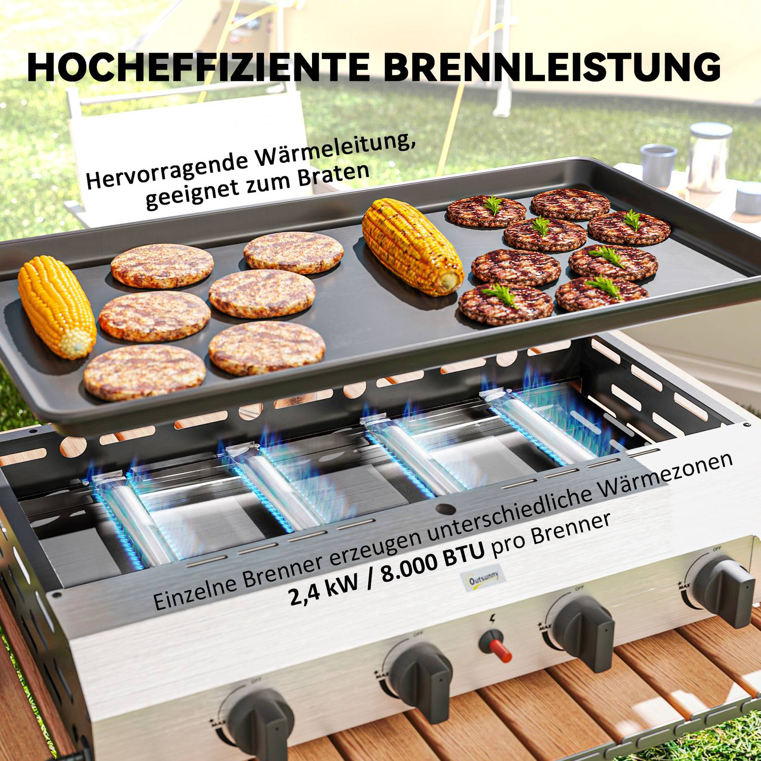 Gasgrill med 4 brännare, justerbara ben och kokplatta