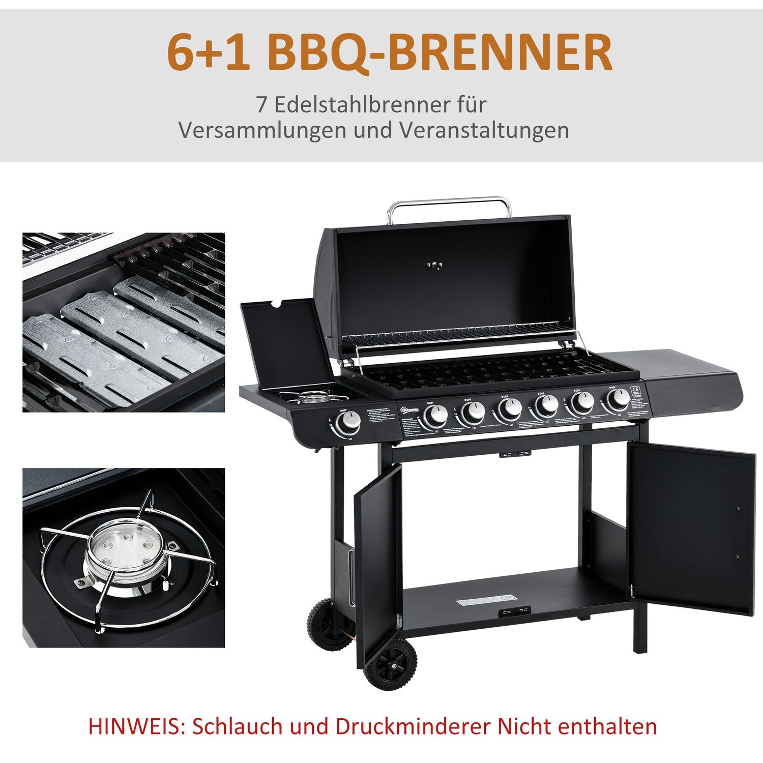 Gasgrill med 6 brännare, sidobrännare, förvaringsskåp