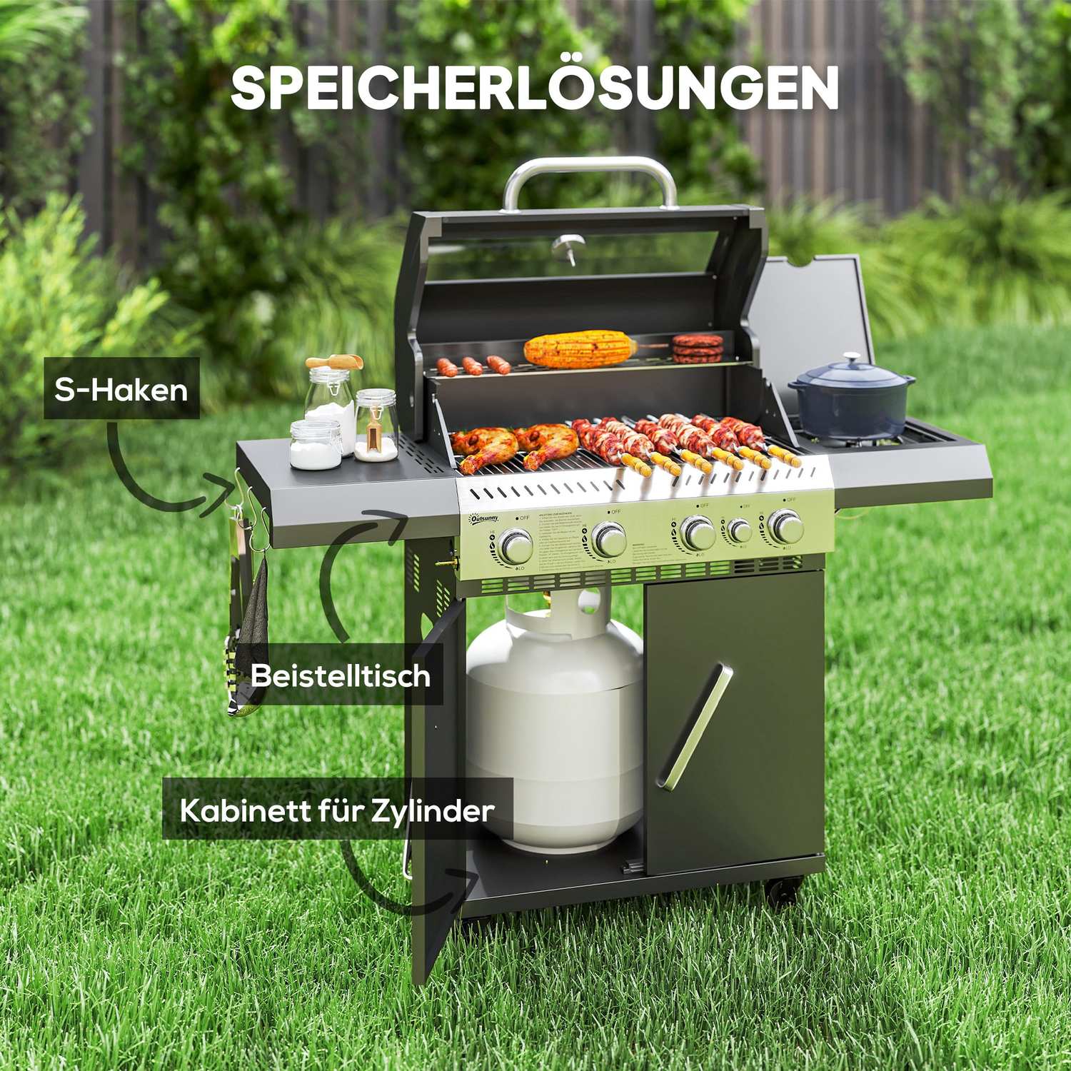 Gasgrillvagn – 5 brännare, termometer, sidohyllor