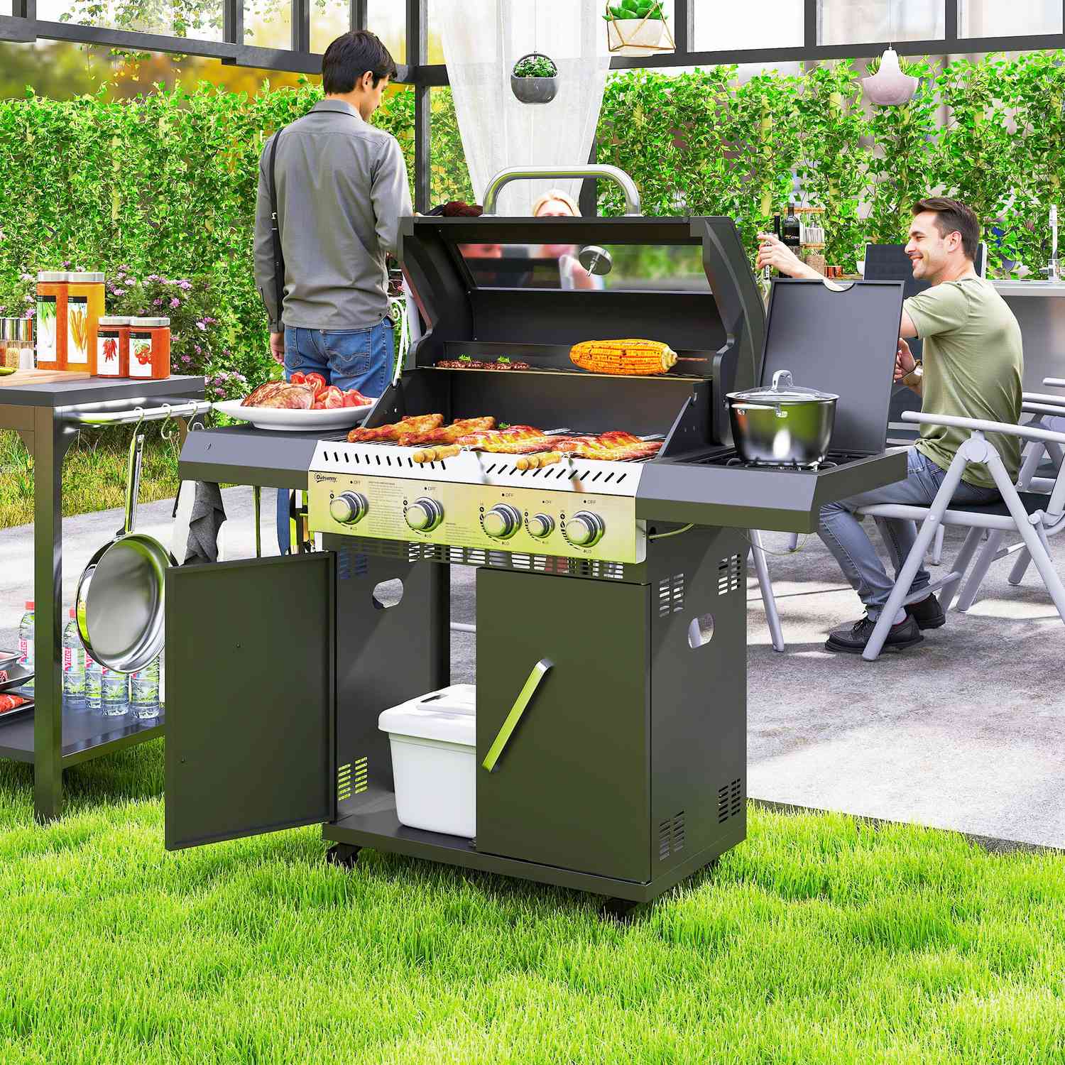 Gasgrillvagn – 5 brännare, termometer, sidohyllor