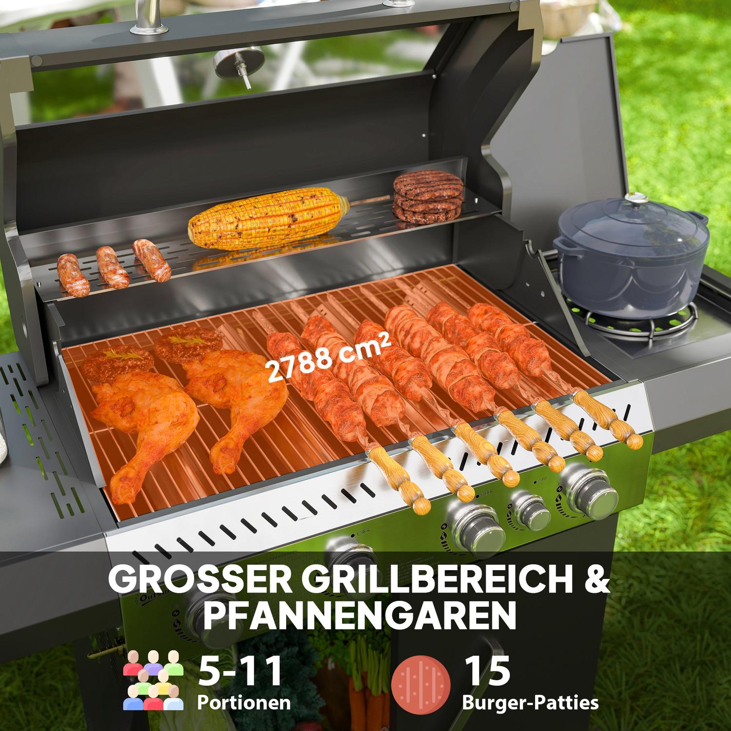 Gasgrillvagn – 5 brännare, termometer, sidohyllor