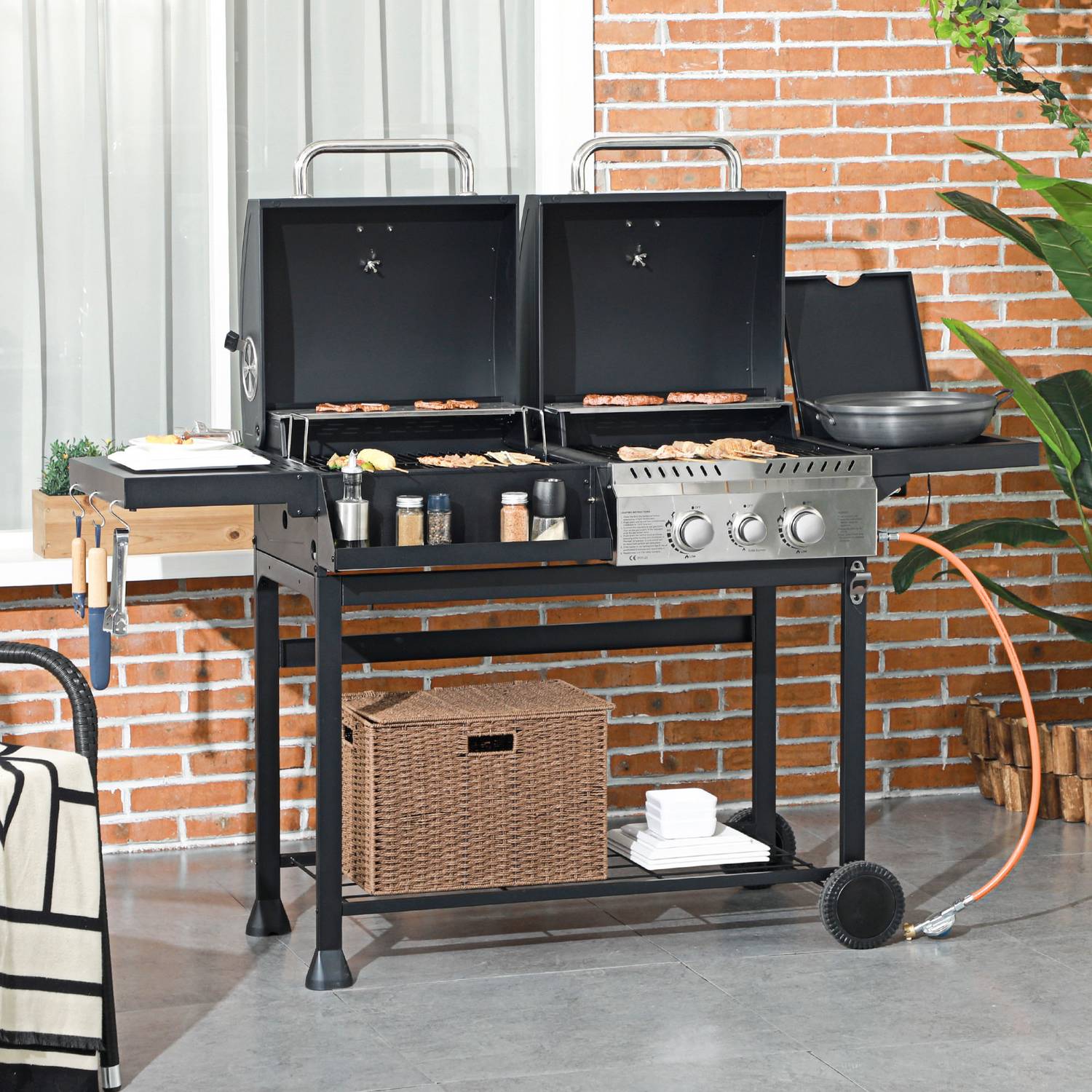 Gasgrillvagn med 3 brännare, termometer, hyllor
