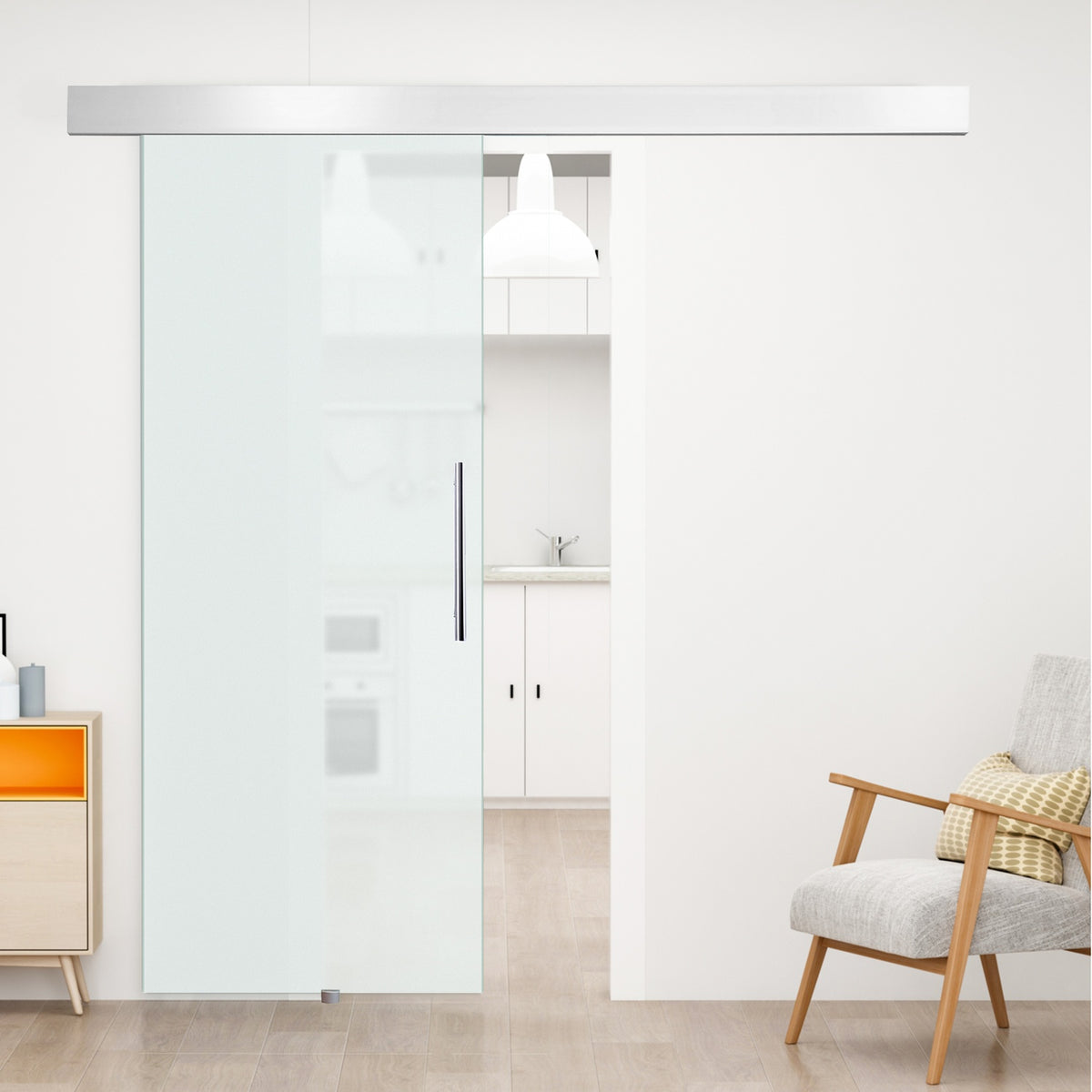 Glas-Schiebetür-Set mit Griff, Satinfinish, 2050x900mm