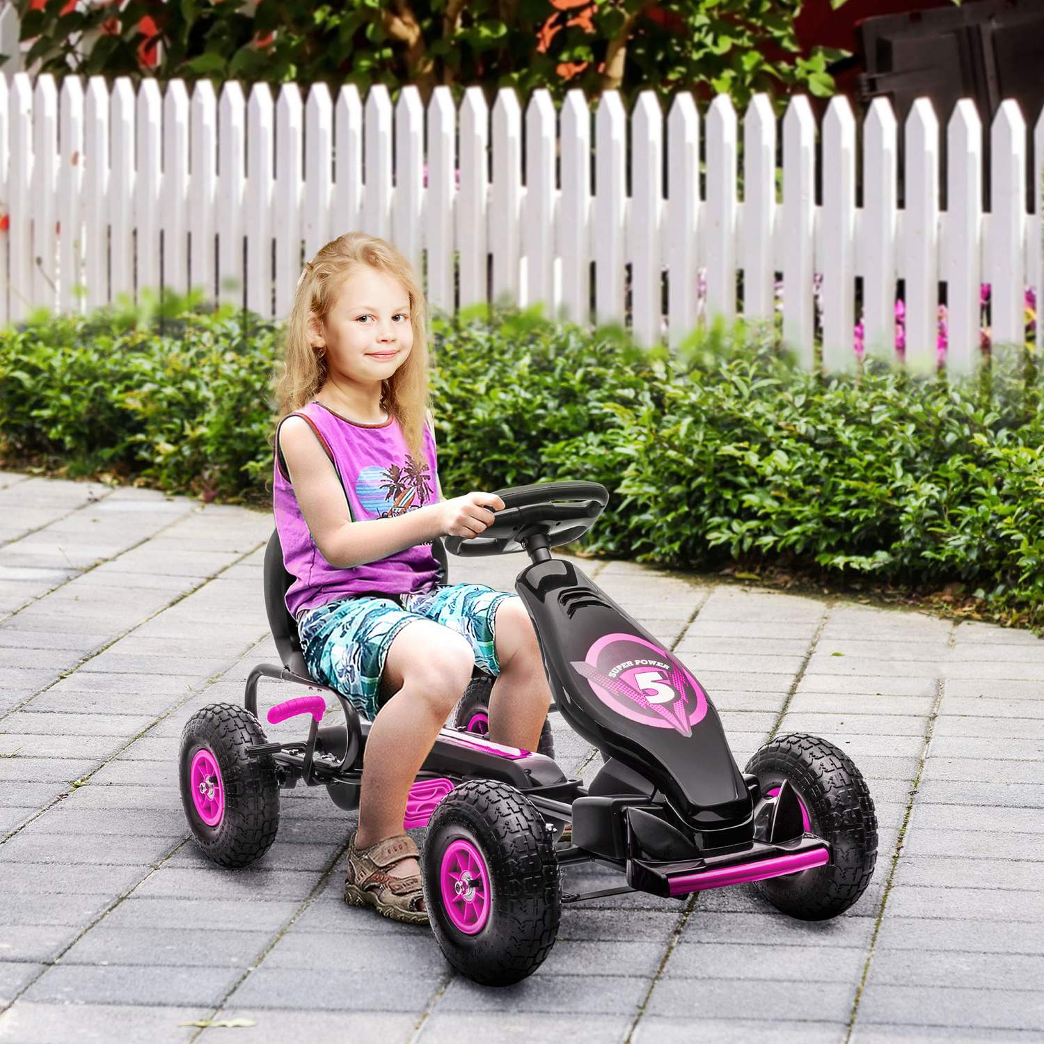 Gokart för barn med justerbar sits och handbroms, rosa