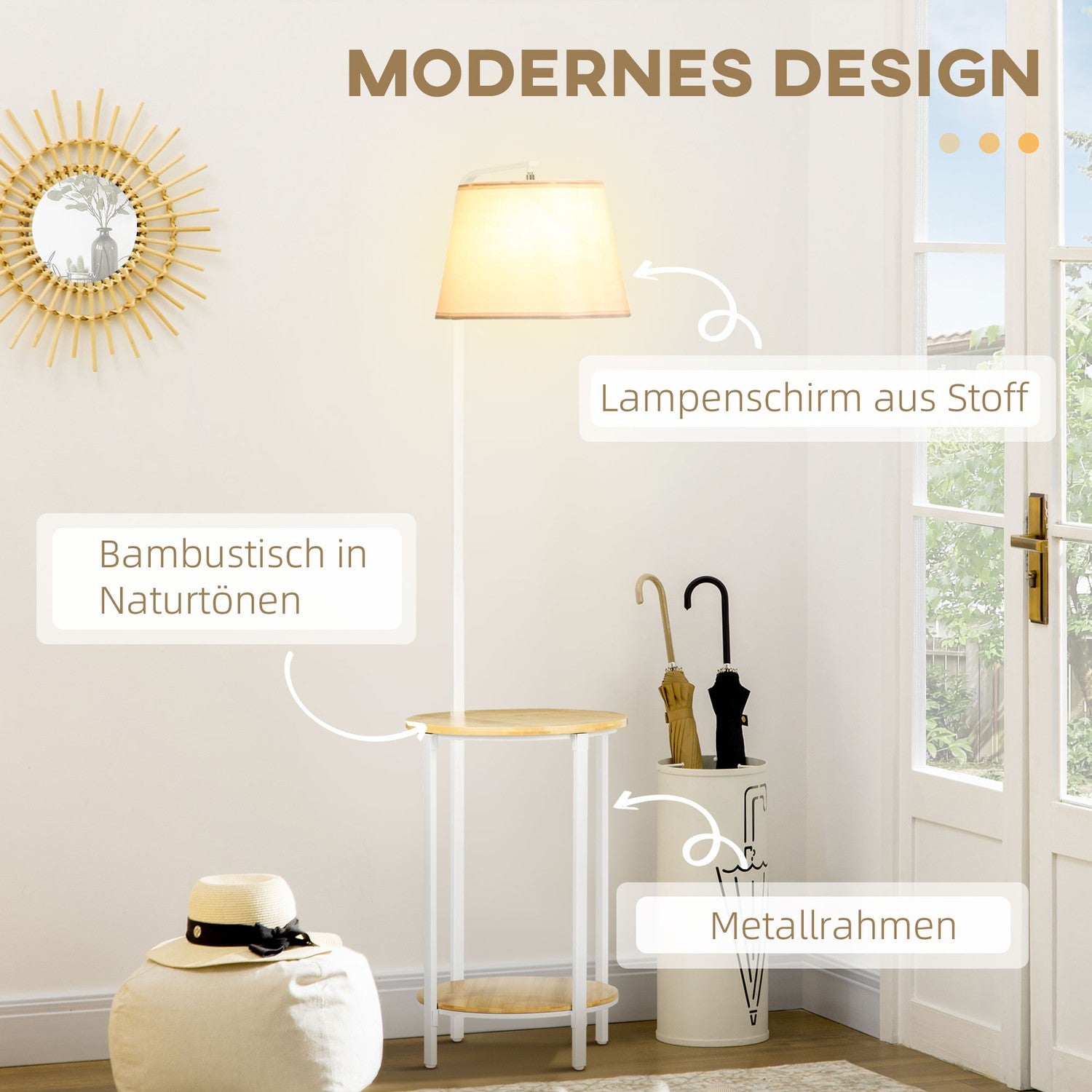 Golvlampa i vit metall, 40W, Skärm i linne, 162 cm Höjd
