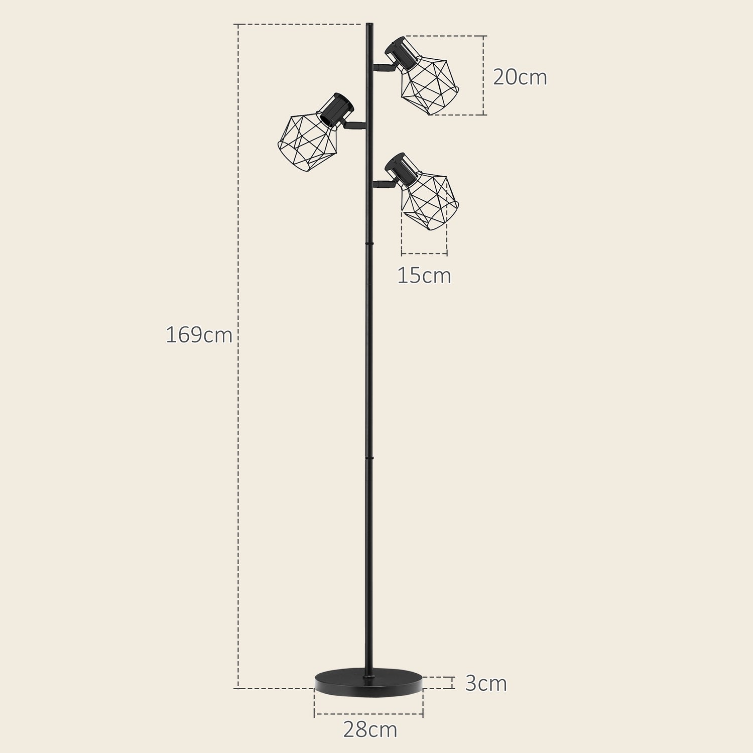 Golvlampa med 3 justerbara huvuden, 169 cm svart metall