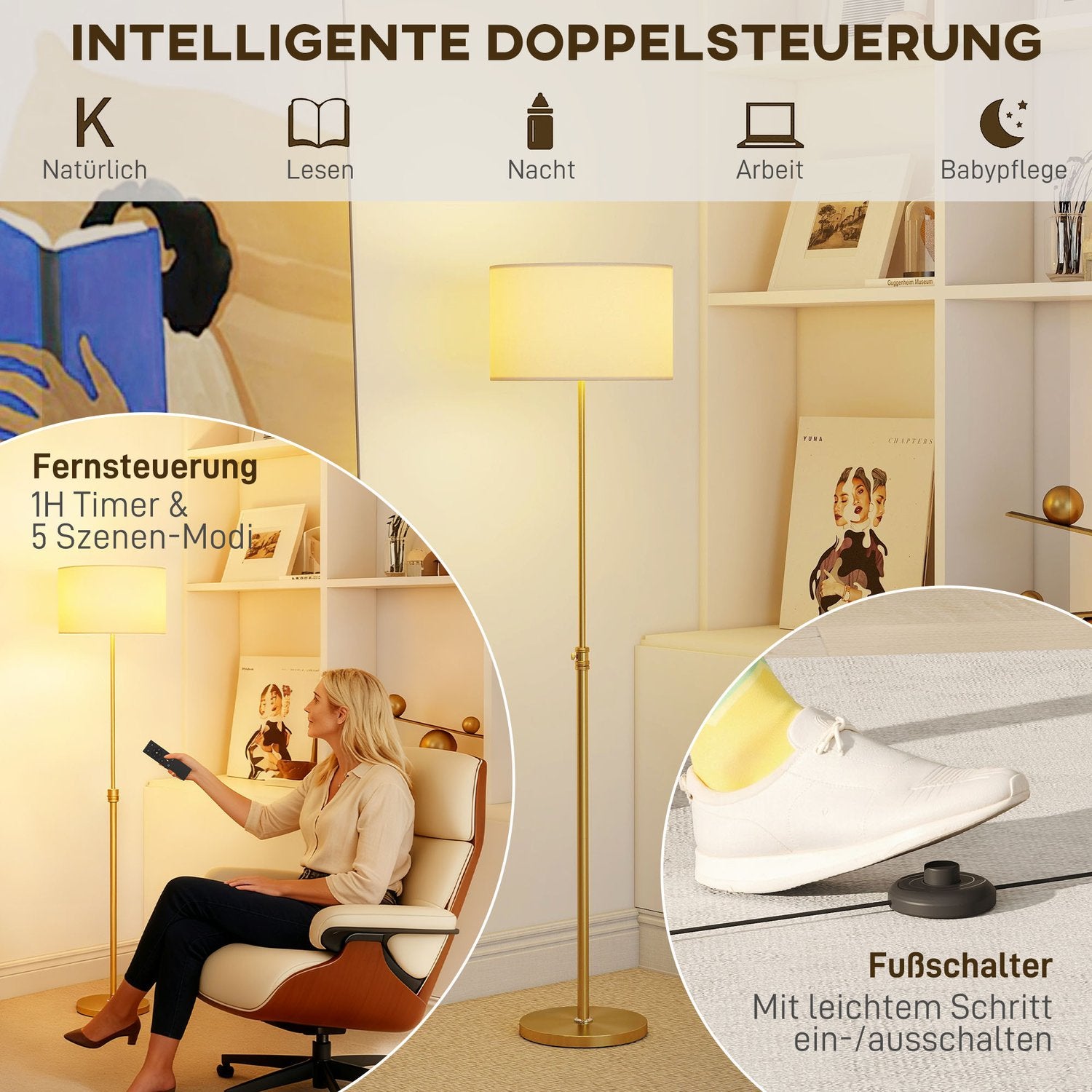 Golvlampa med fjärrkontroll, justerbar höjd, tygskärm
