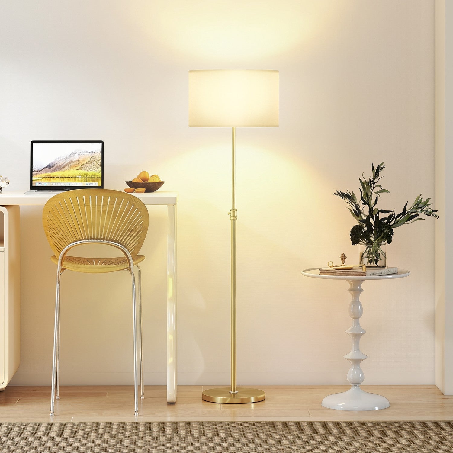 Golvlampa med fjärrkontroll, justerbar höjd, tygskärm