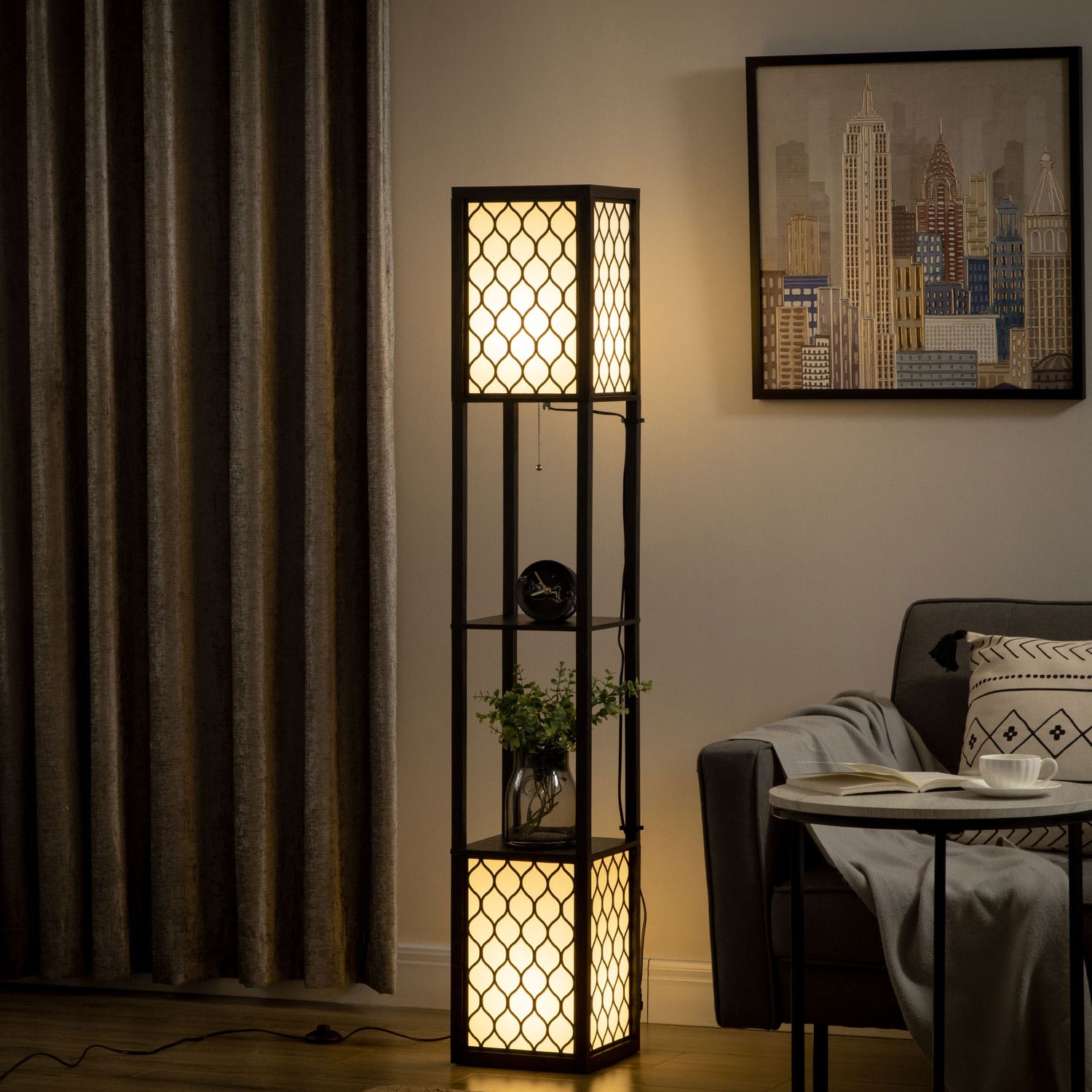 Golvlampa med hylla, dubbelljus, 40W dragkedja