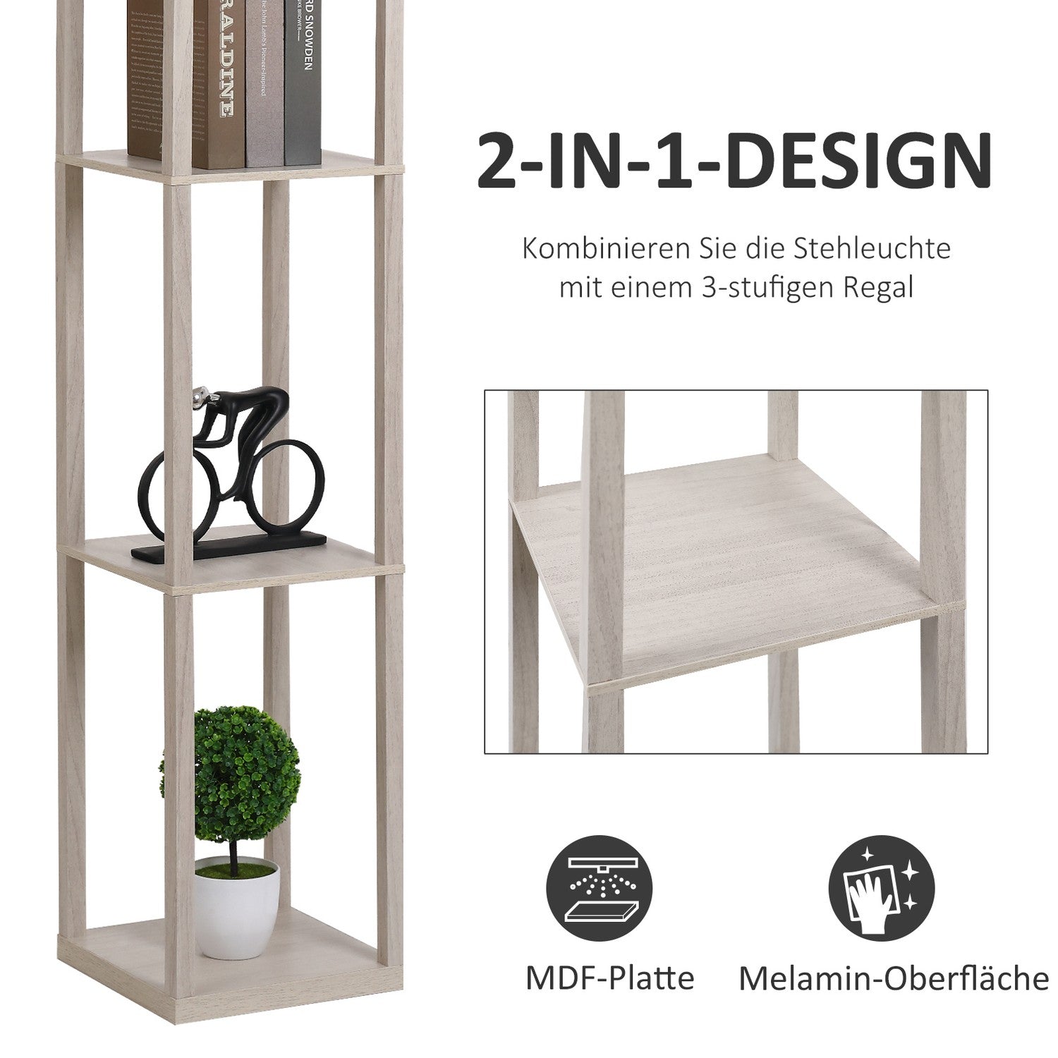 Golvlampa med hyllor – Ek och Vit, E27 40W, 160cm