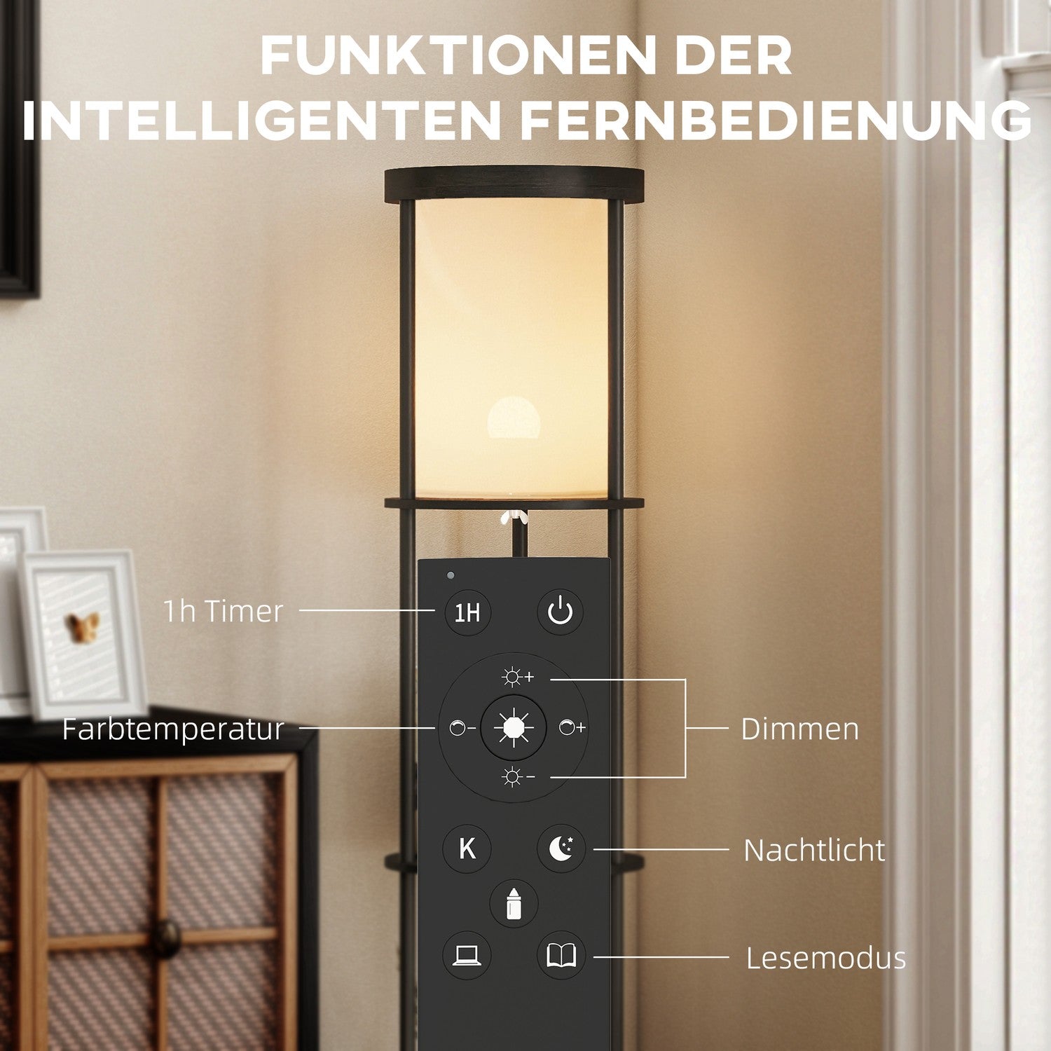 Golvlampa med hyllor, fjärrkontroll, justerbar belysning, svart