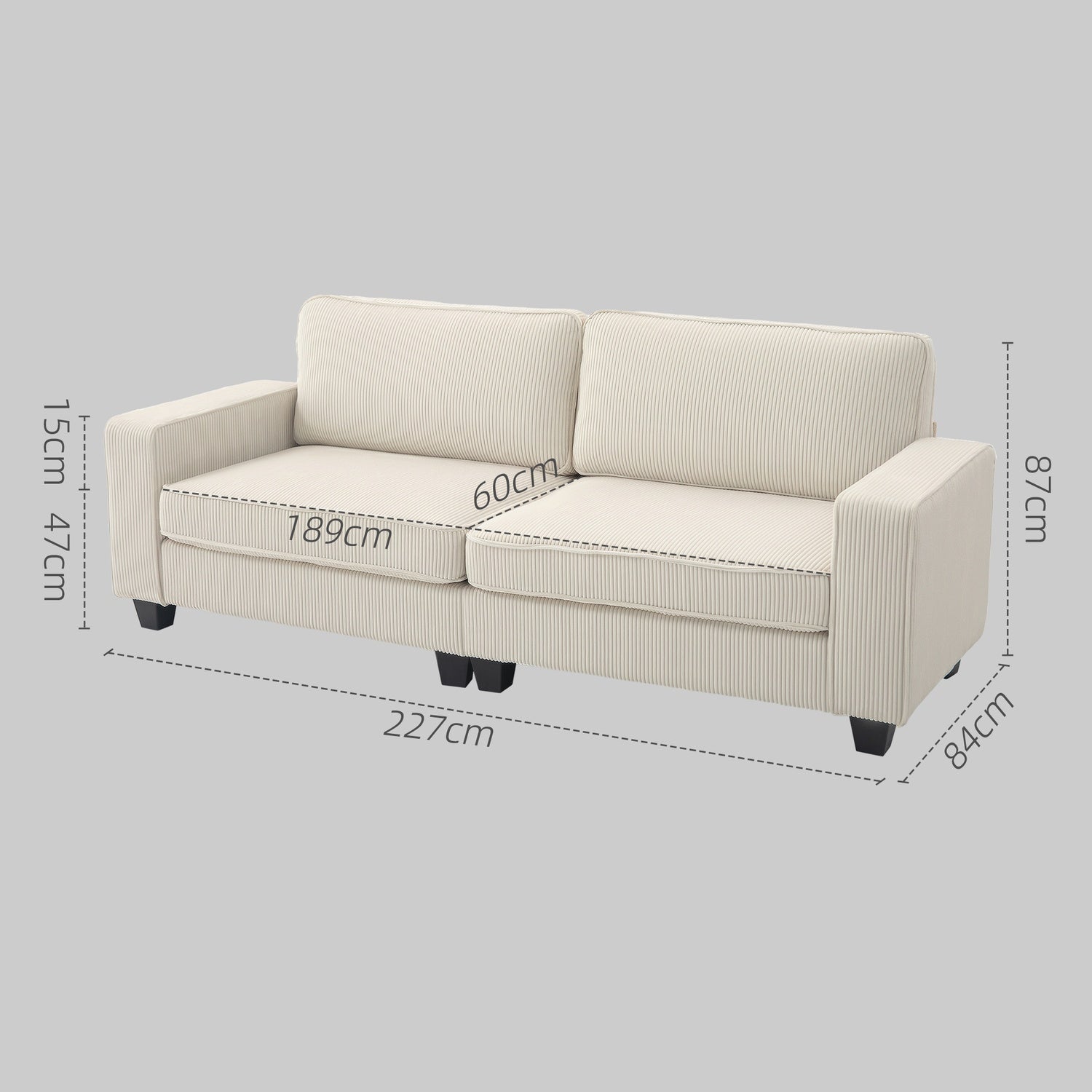 Gräddvit 3-sits soffa med armstöd & ryggkuddar