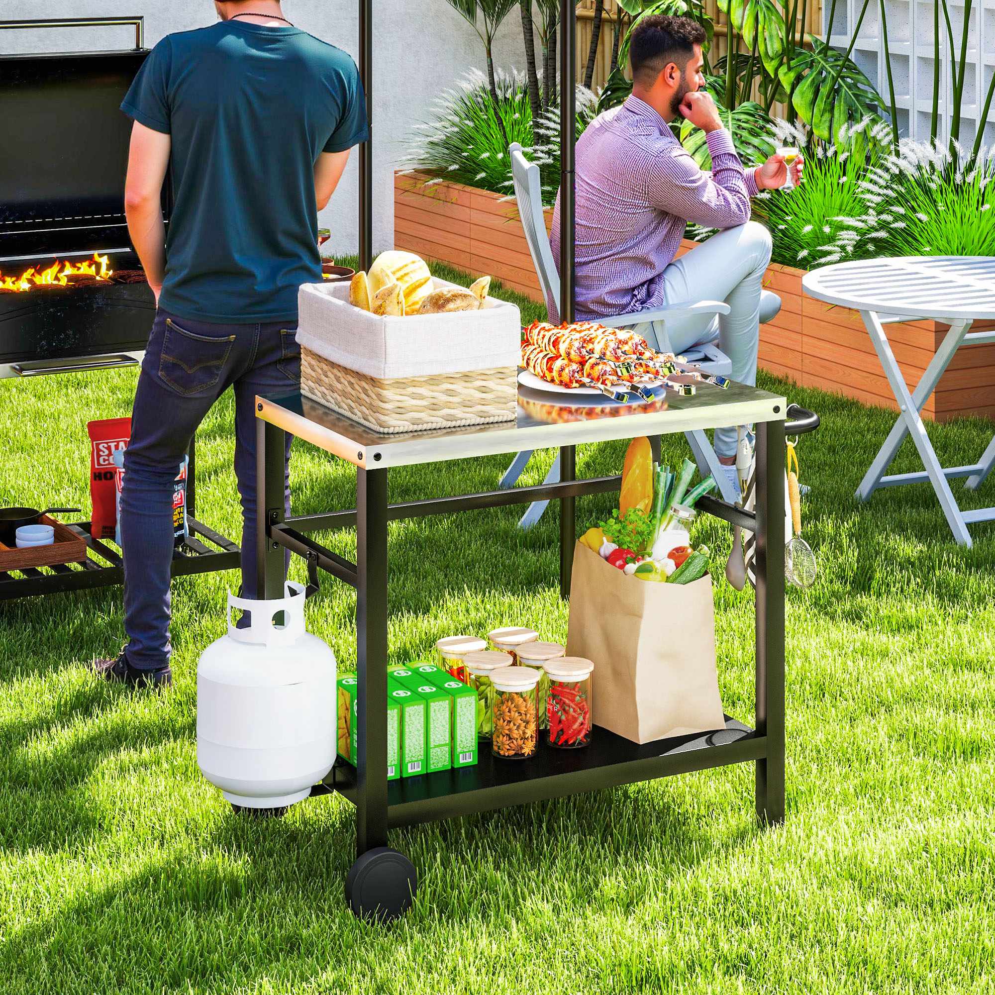Grillbord för utomhusbruk med topp i rostfritt stål och hjul