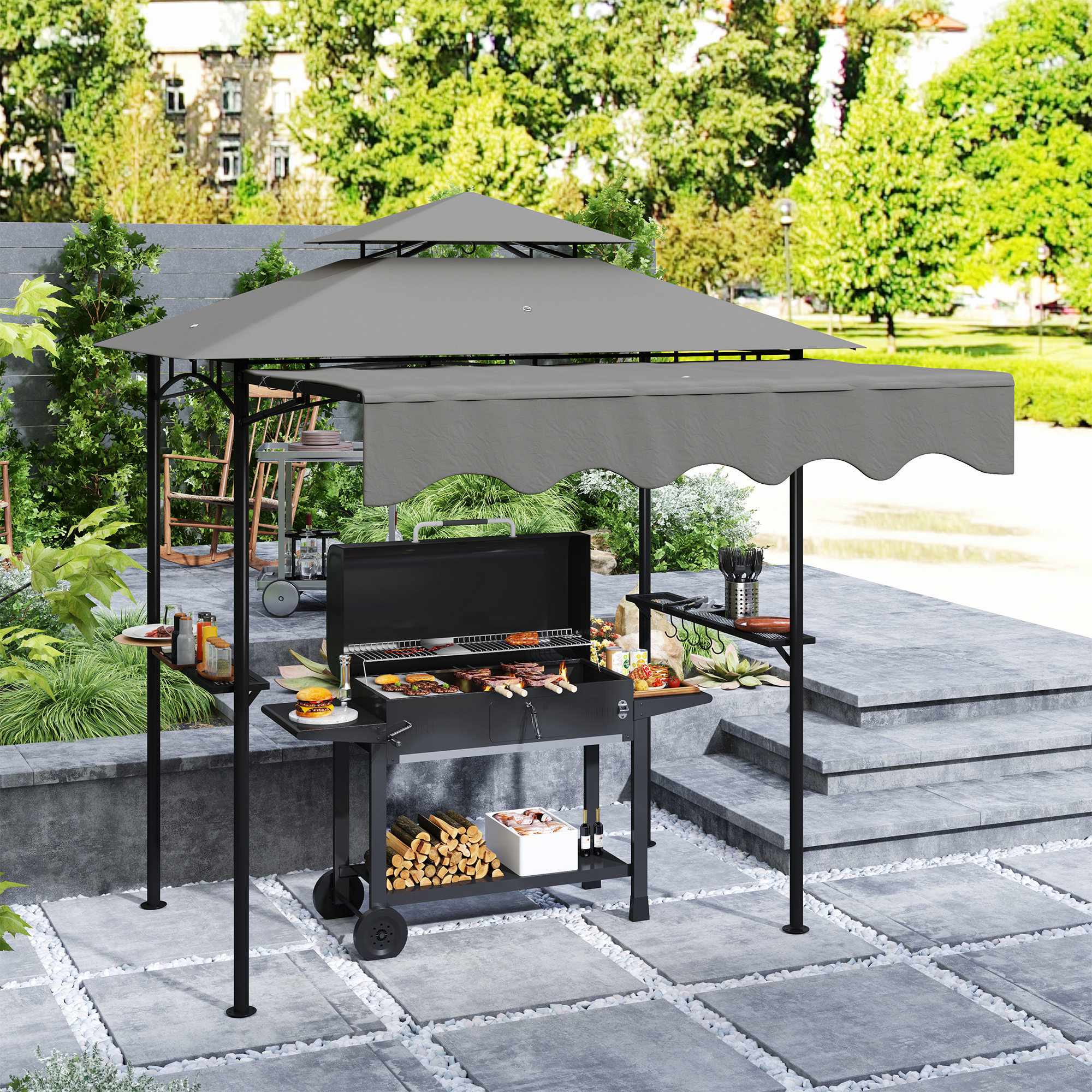 Grillpaviljong med justerbart tak och hyllor