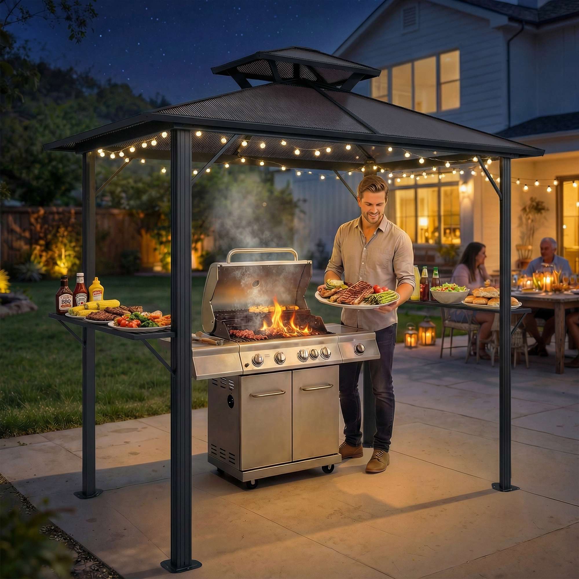 Grillpaviljong med polykarbonattak, aluminiumram