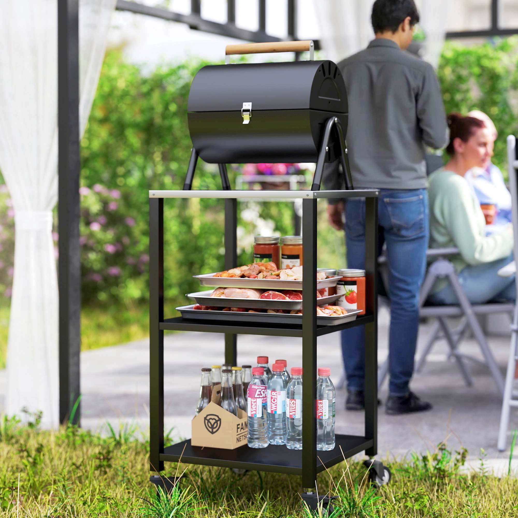 Grillvagn för utomhusbruk, 3-våningar i rostfritt stål, mobil 50x50x90 cm