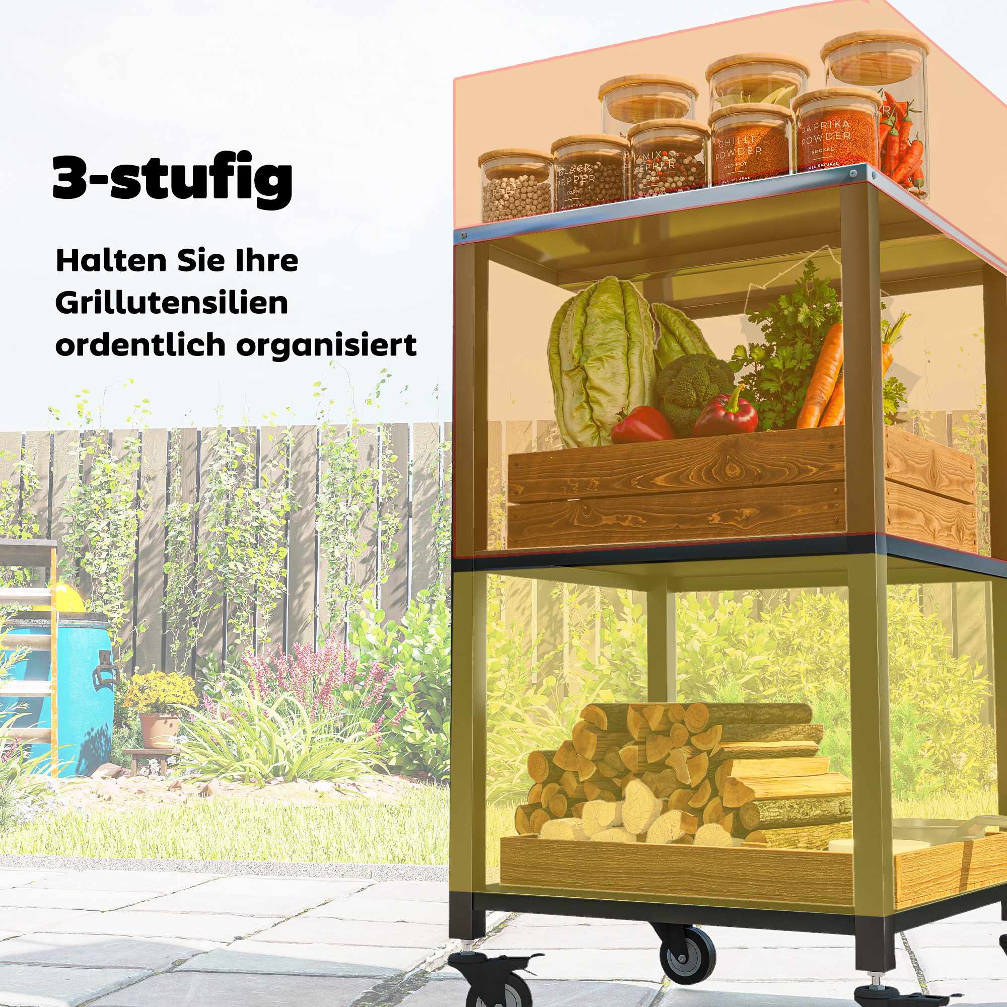 Grillvagn för utomhusbruk, 3-våningar i rostfritt stål, mobil 50x50x90 cm