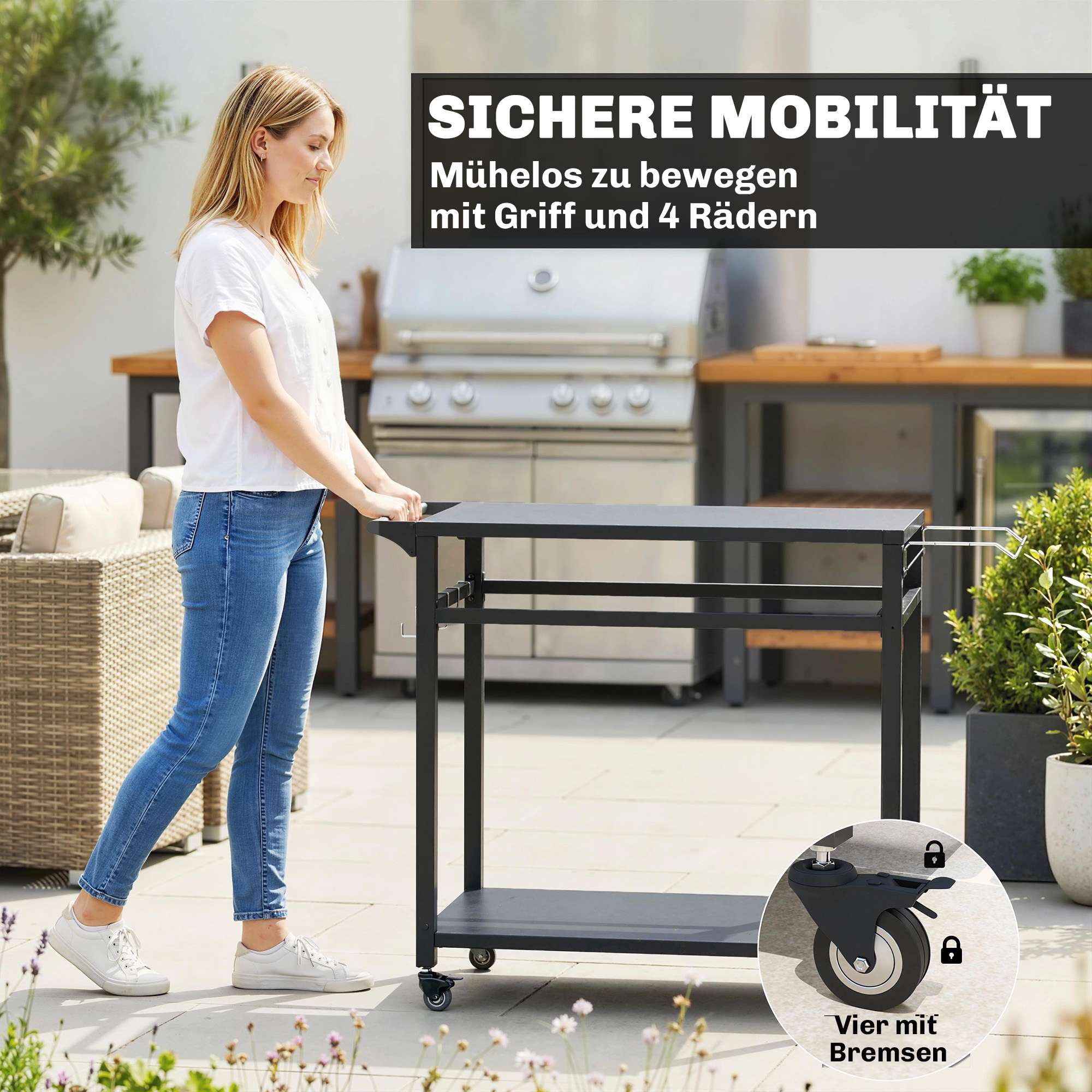 Grillvagn med hjul, 2 nivåer, svart, 113x50,5x88 cm