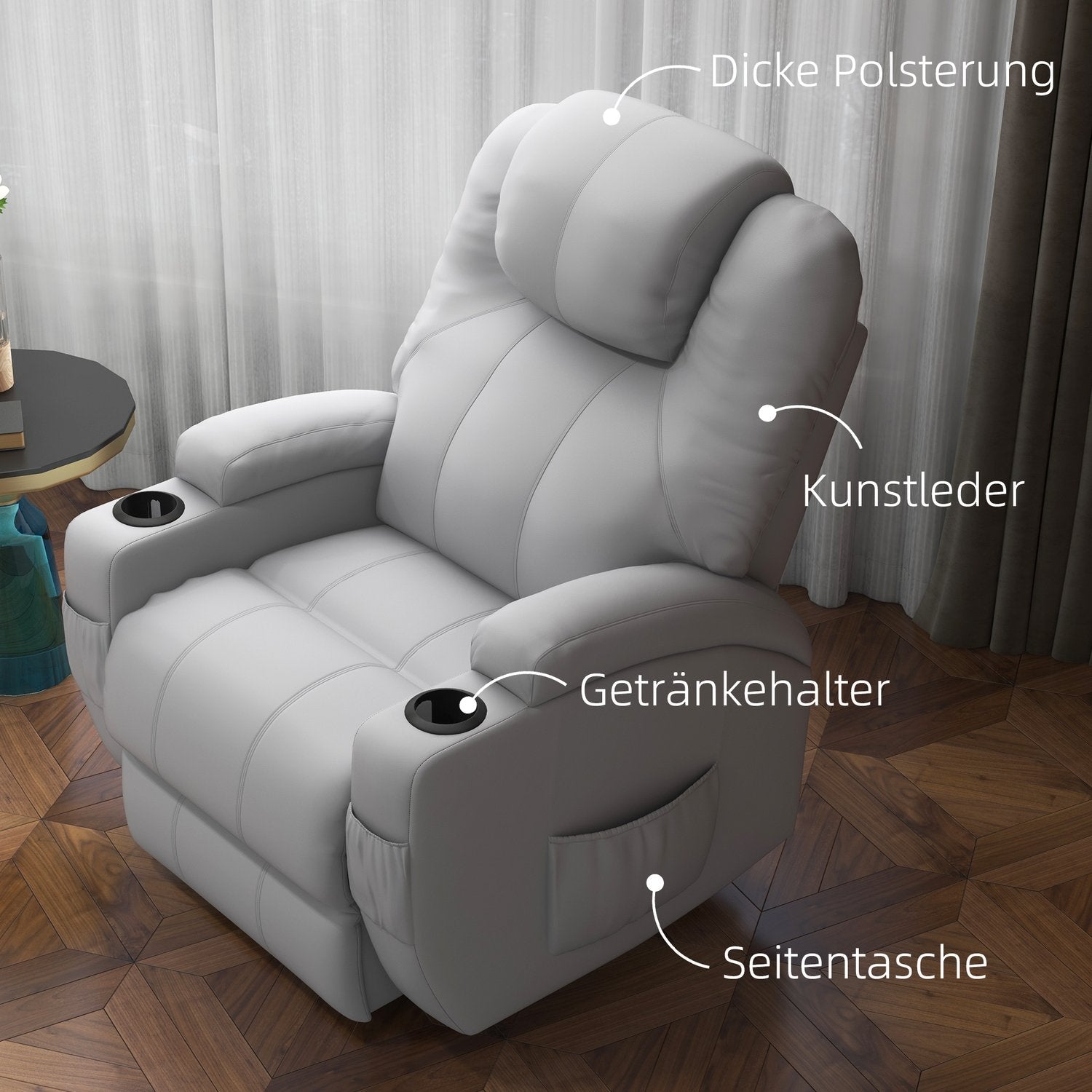 Grå massagestol i konstläder – Fåtölj med fjärrkontroll och vippfunktion