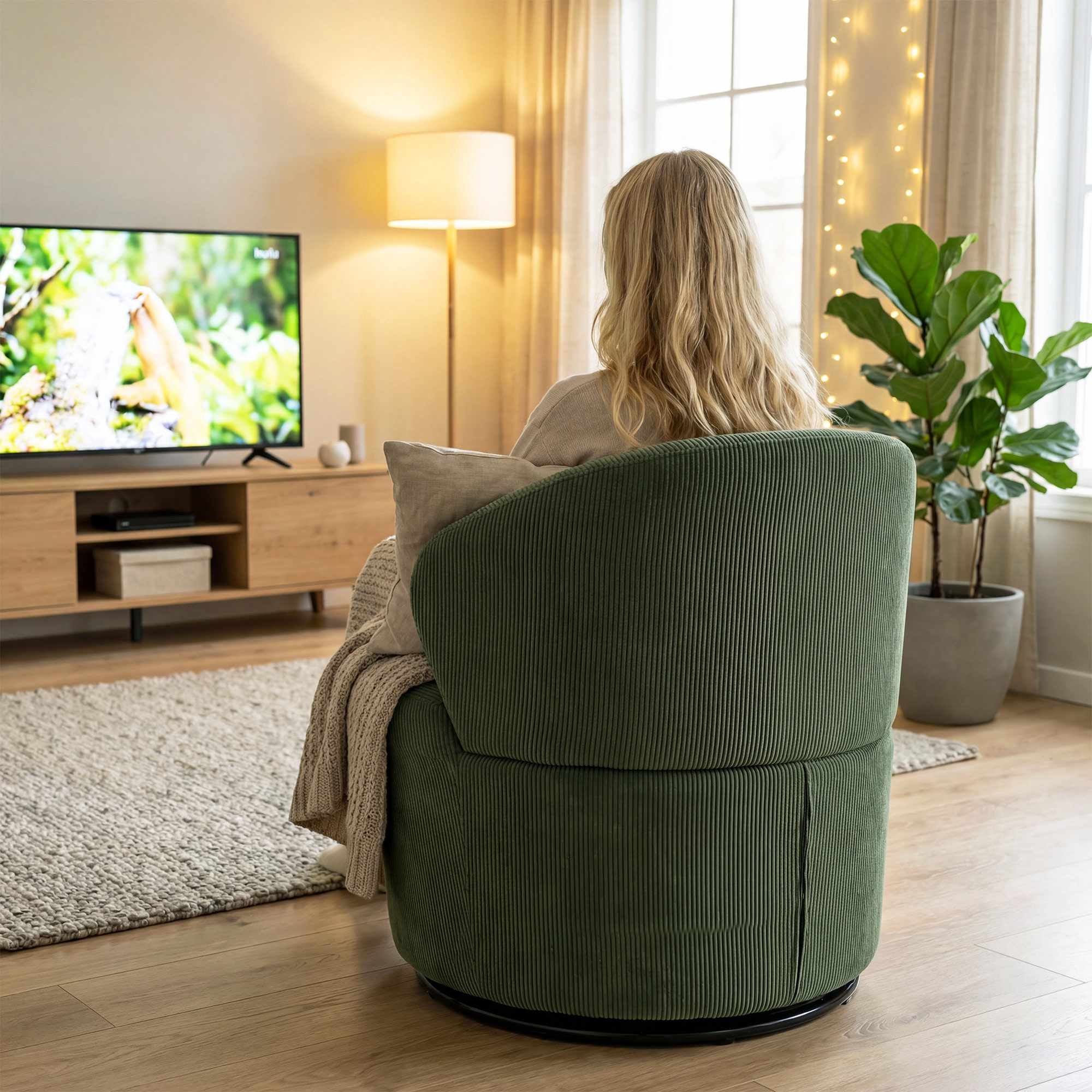 Grön manchestersnurrstol, 360 graders rotation, ergonomisk rygg