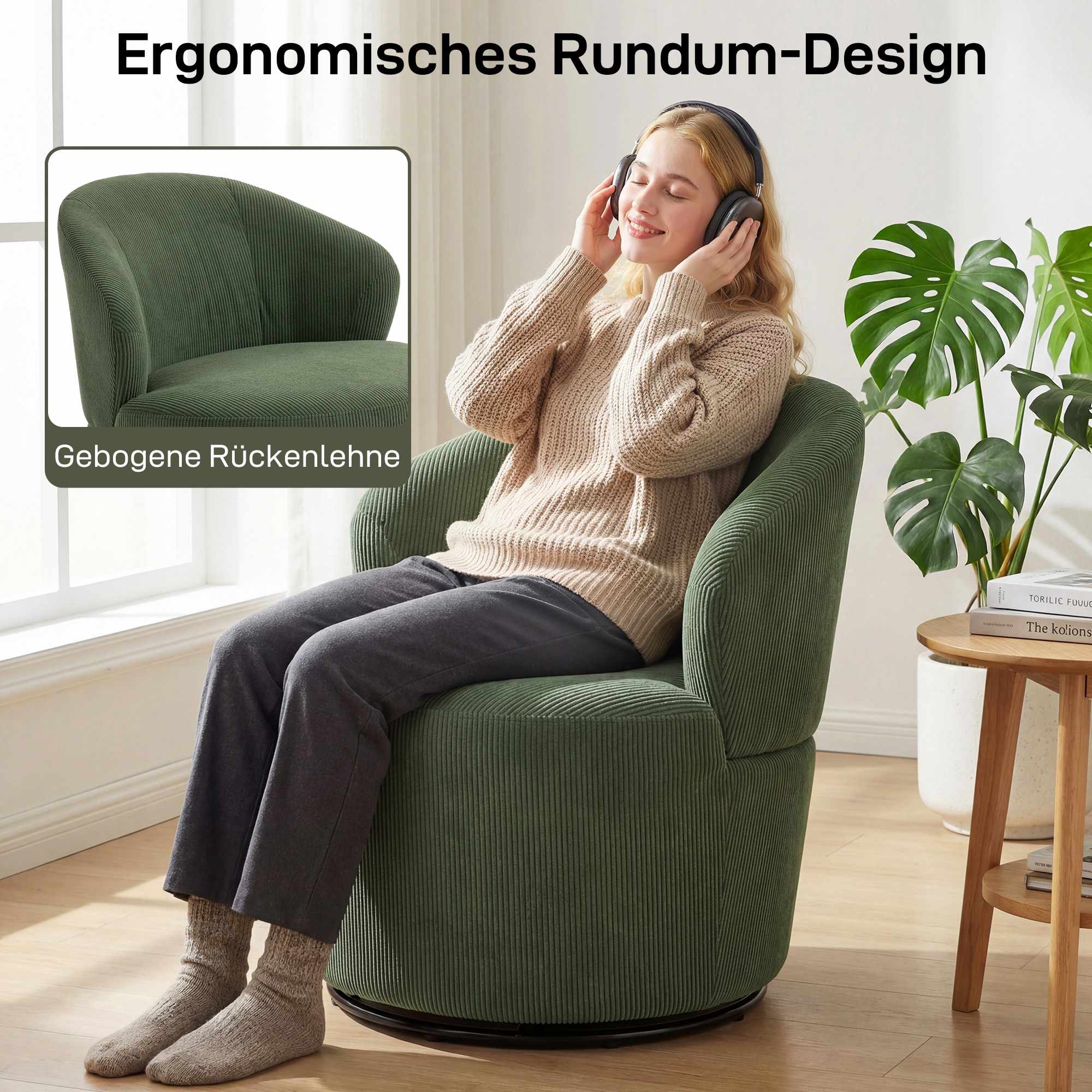 Grön manchestersnurrstol, 360 graders rotation, ergonomisk rygg
