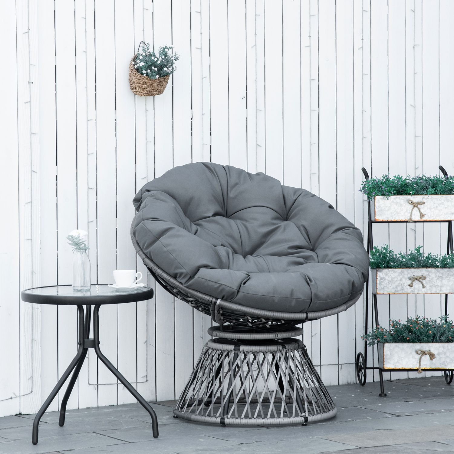 Grå rotting Papasan stol med klädsel, 360° vridbar