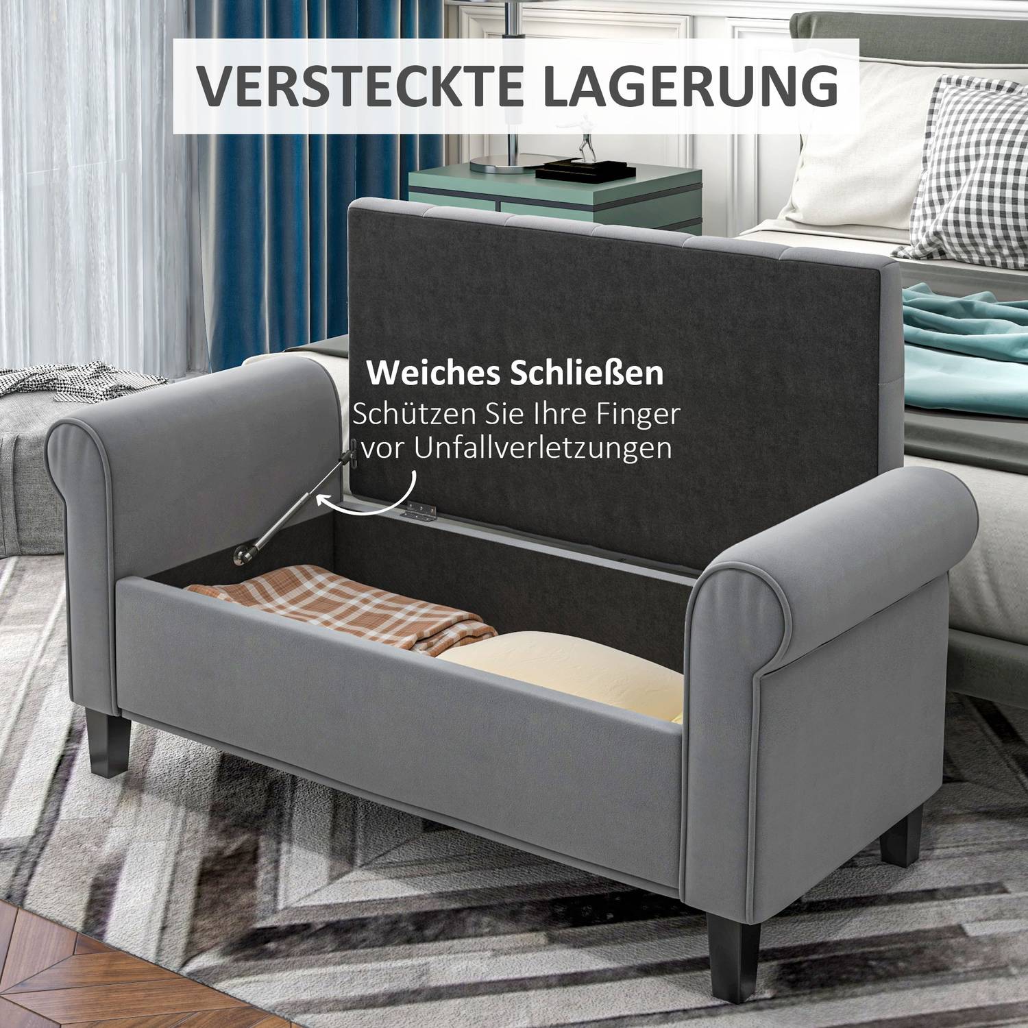 Grå stoppad bänk med förvaring, sammetslook, 120 kg kapacitet