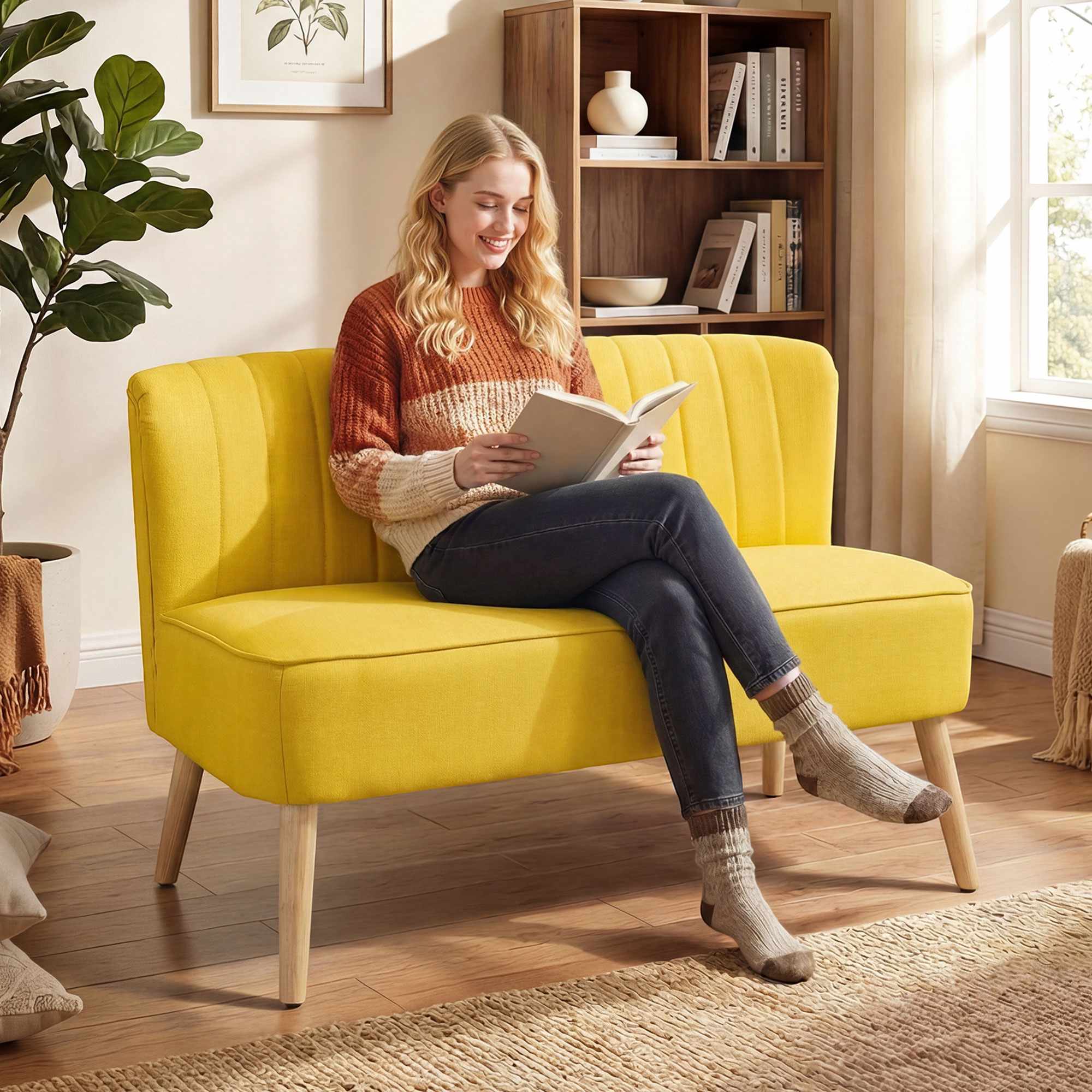 Gul 2-sitssoffa, skum och linne, kompakt design