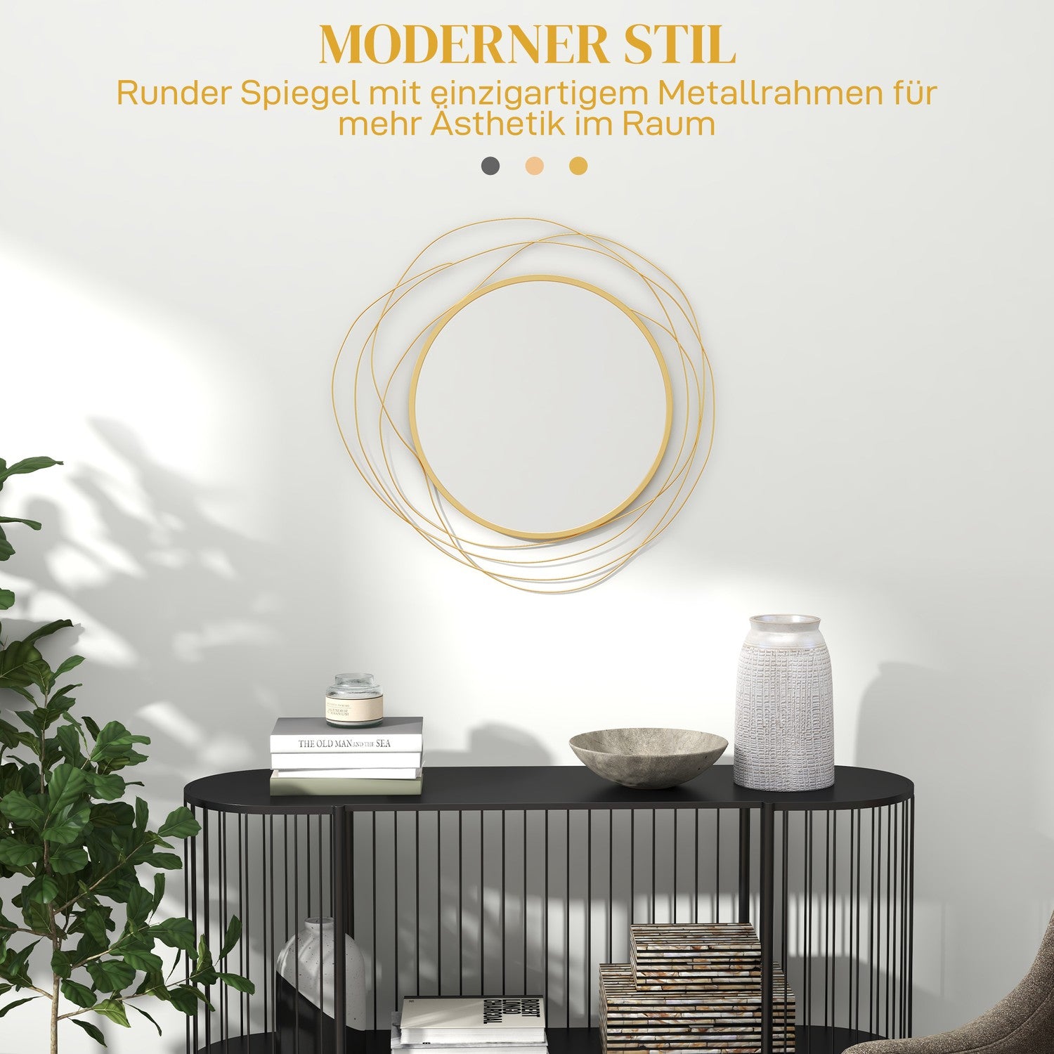 Guld rund väggspegel, 65 cm – Metallram, dekorativ