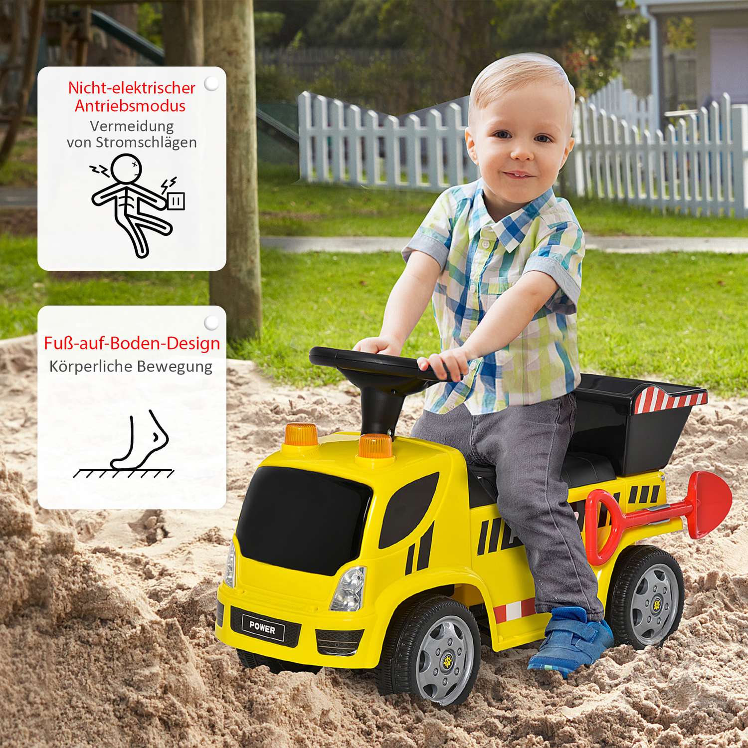 Gul åkgrävmaskin för småbarn med spade och hink